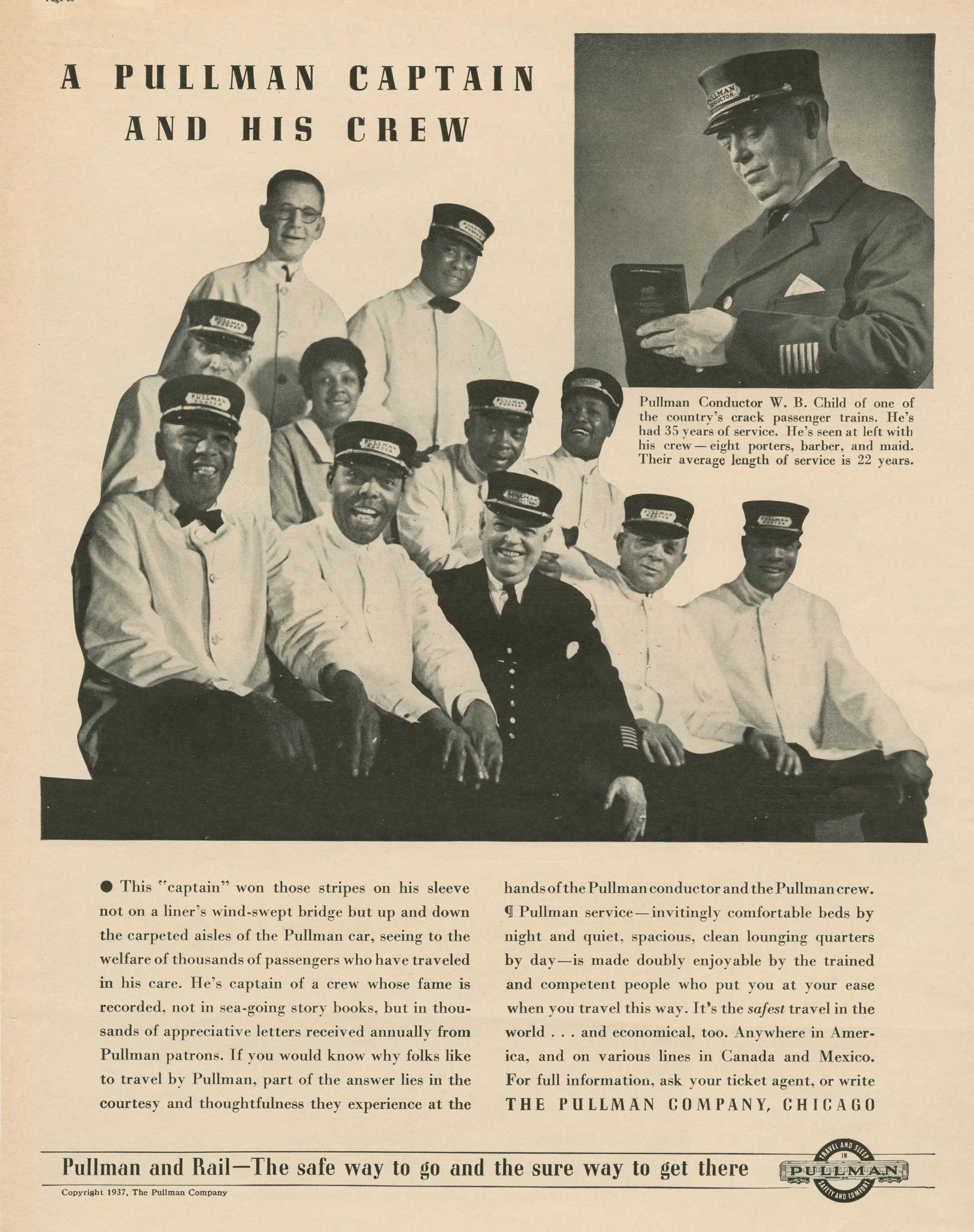 Black-and-white Pullman ad showing porters, a busboy, and a maid with a conductor under the slogan: Pullman and Rail—The safe way to go.