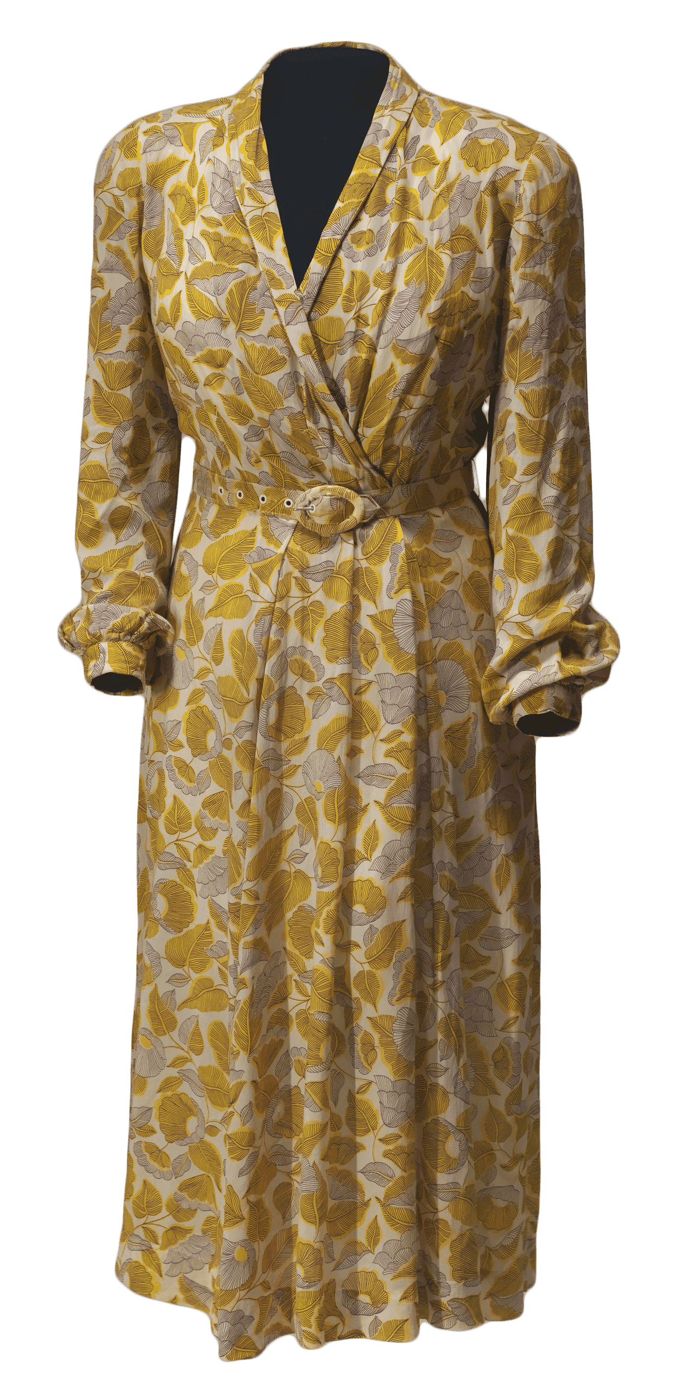 A dark brown and yellow flowers and leaves printed wrap style dress with a matching belt.