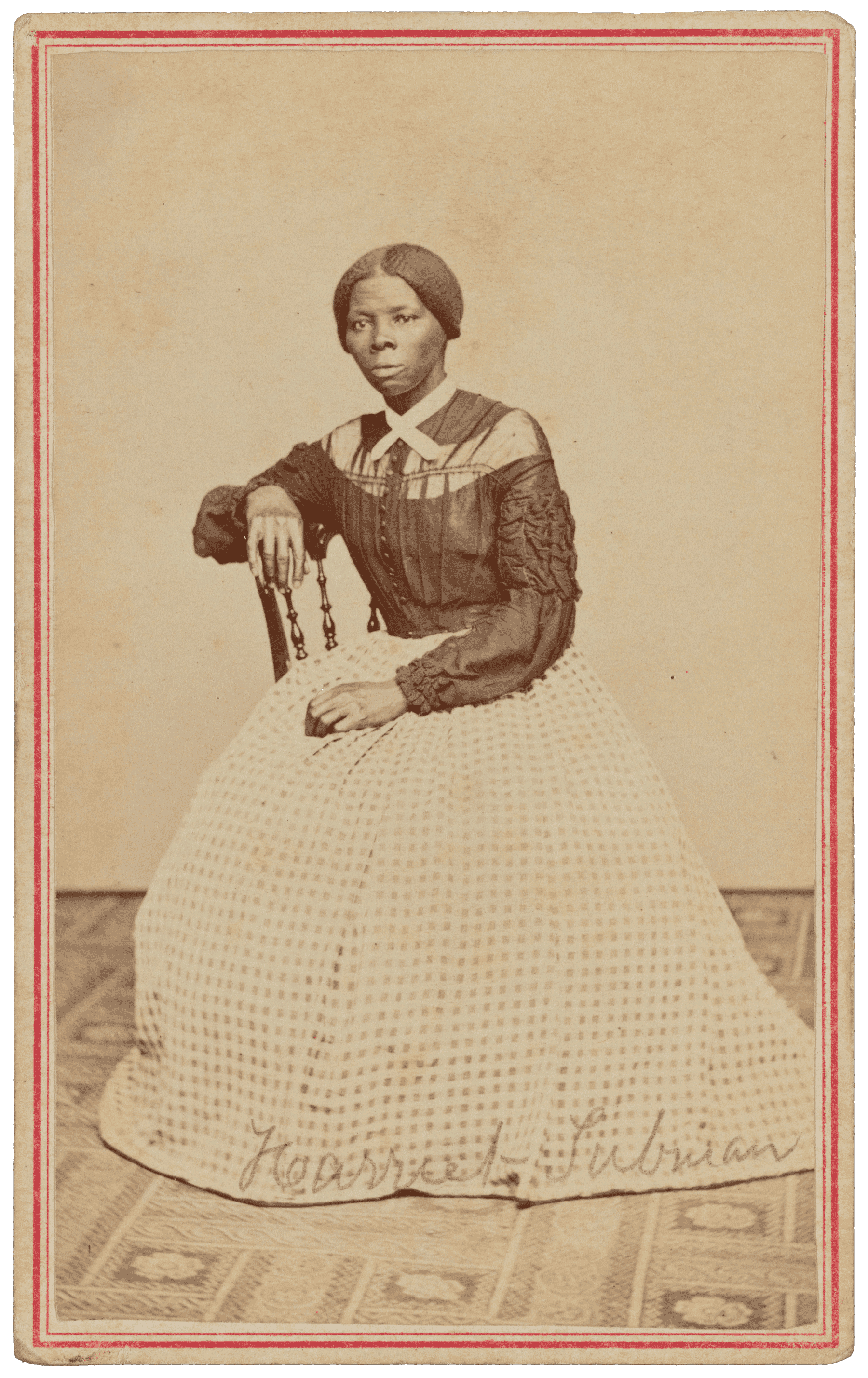 A carte-de-visite of Harriet Tubman seated in an interior room. She is positioned slightly turned to the right and gazes off camera.