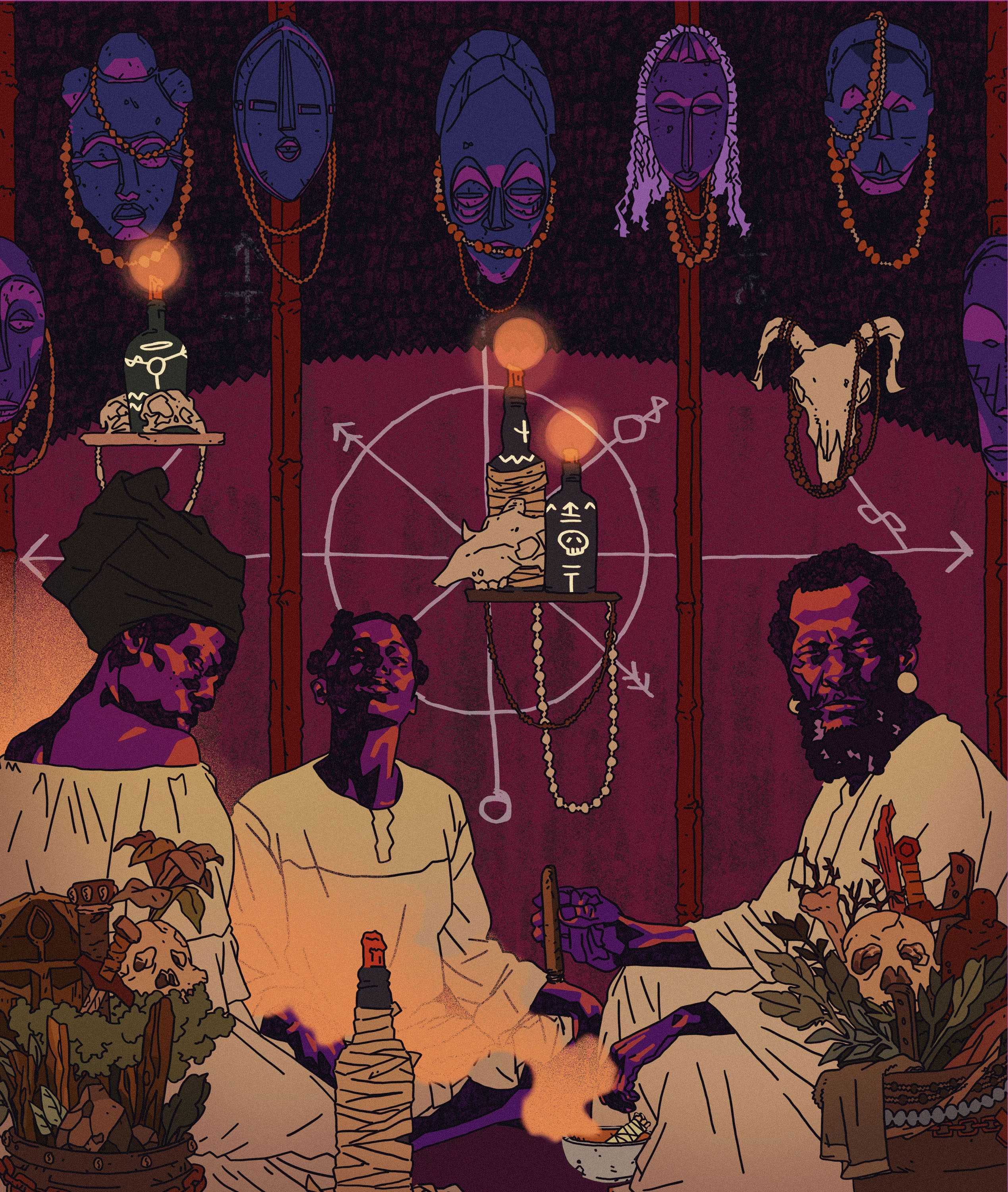 A digital illustration a Palo Mayombe ritual. People are seated burning some sage with African masks hanging behind them.