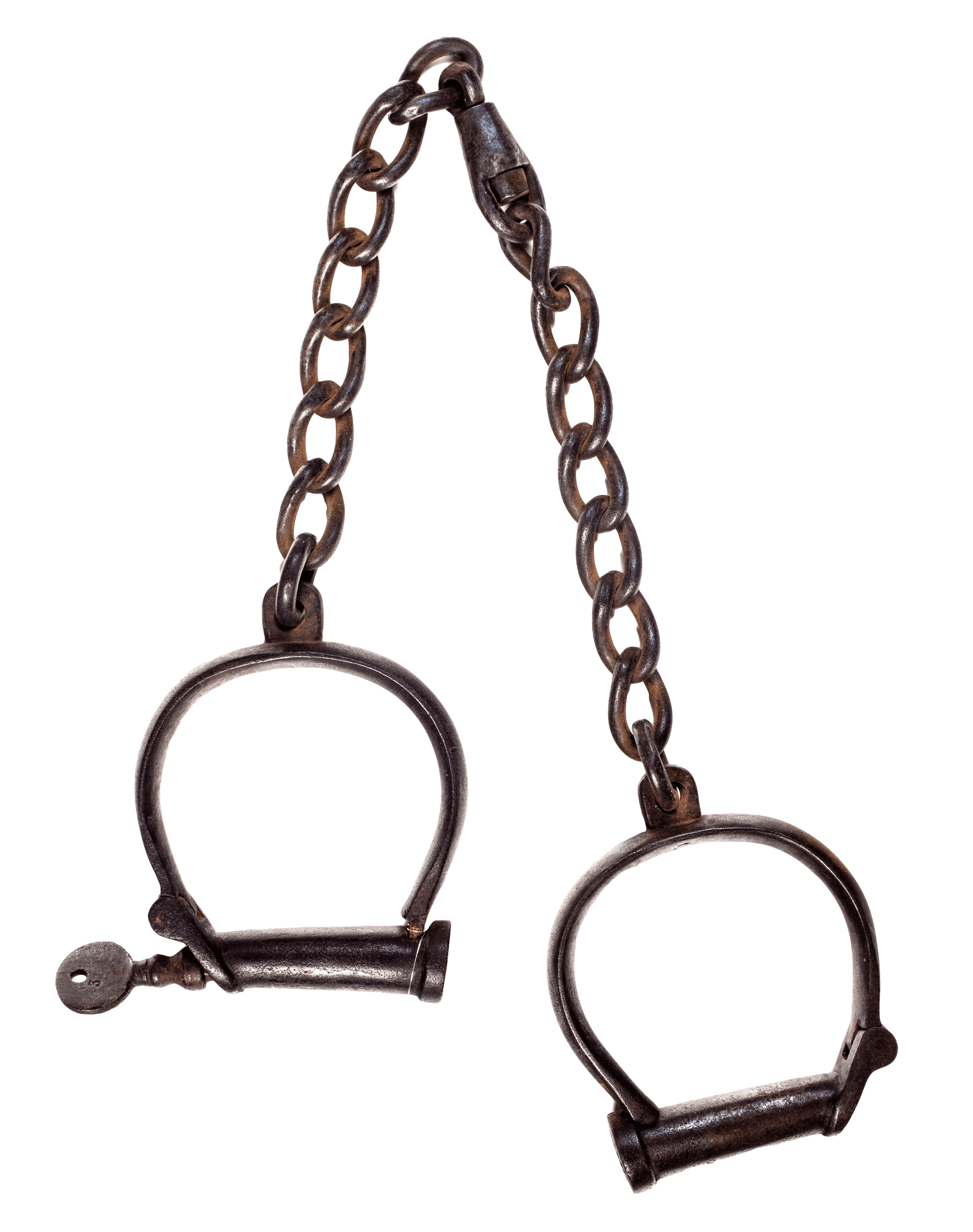 Ankle shackles that are connected through jump loops. A key is locked around one ankle's loop.