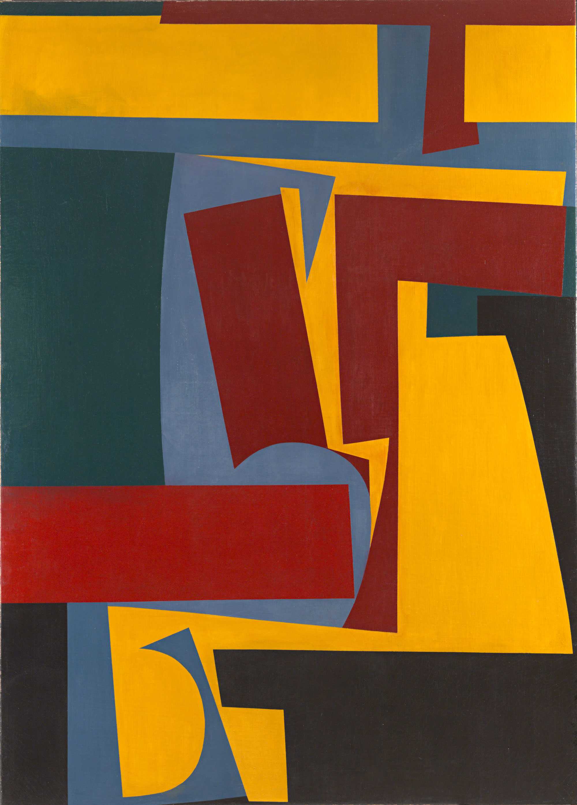 Abstract painting with overlapping geometric shapes in red, blue, yellow, and green.