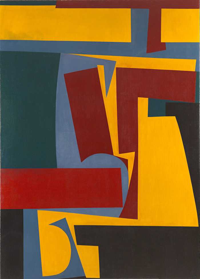 Abstract painting with overlapping geometric shapes in red, blue, yellow, and green.