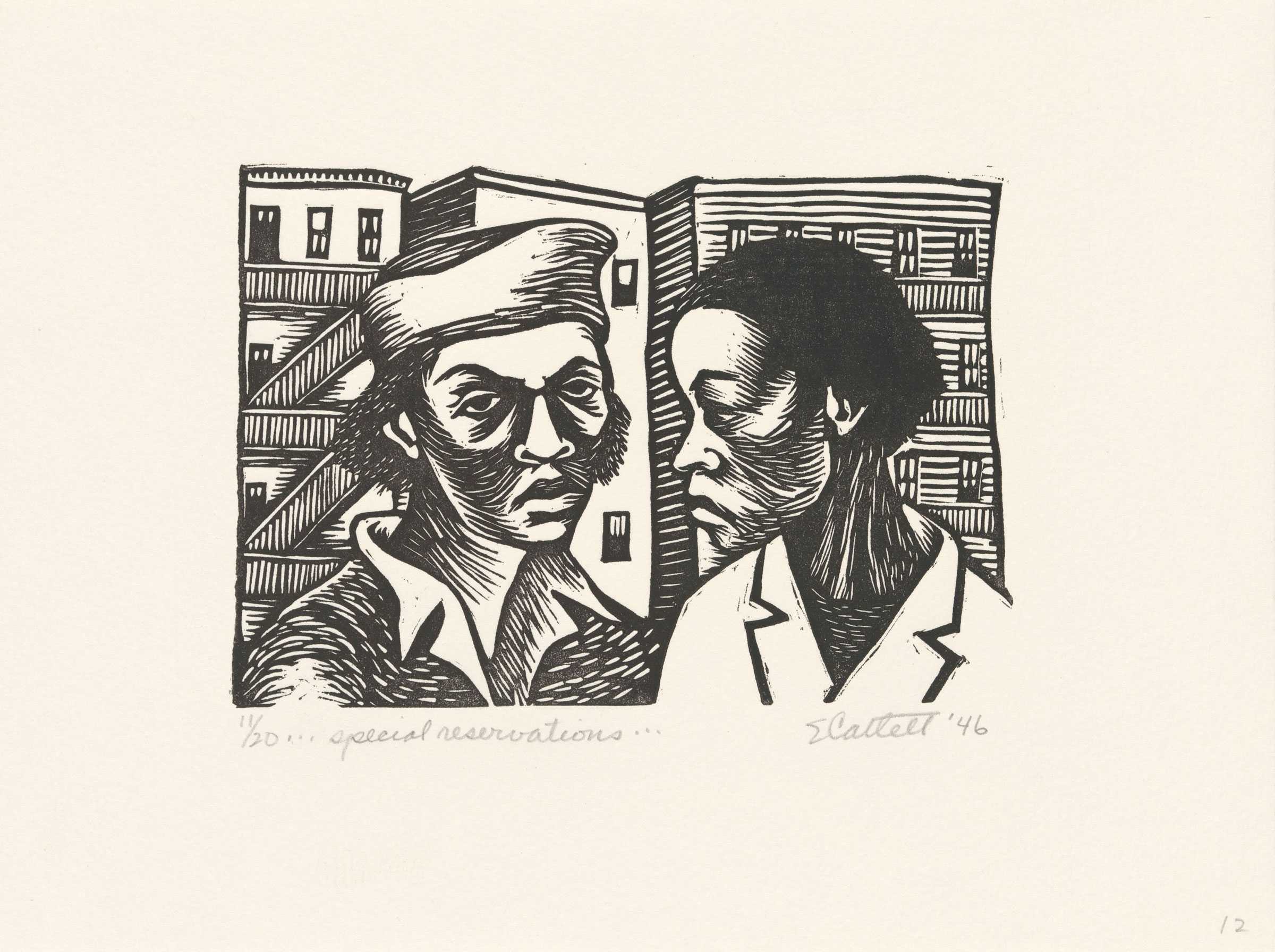 Black and white linocut of two women in front of urban housing. One is looking at viewer while the other facing her.