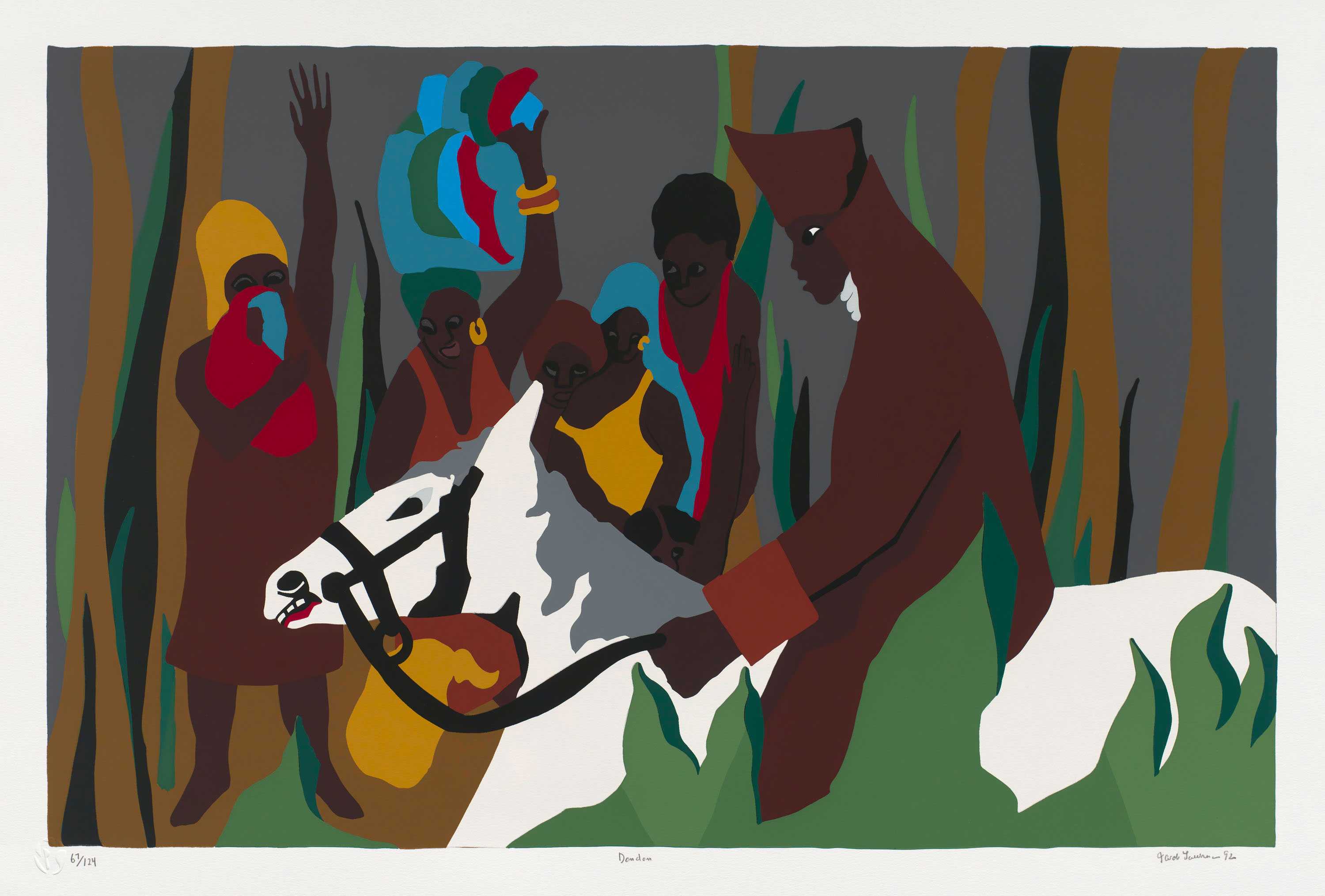 Silkscreen print of a general on white horse in left profile, cheered by figures in colorful attire.