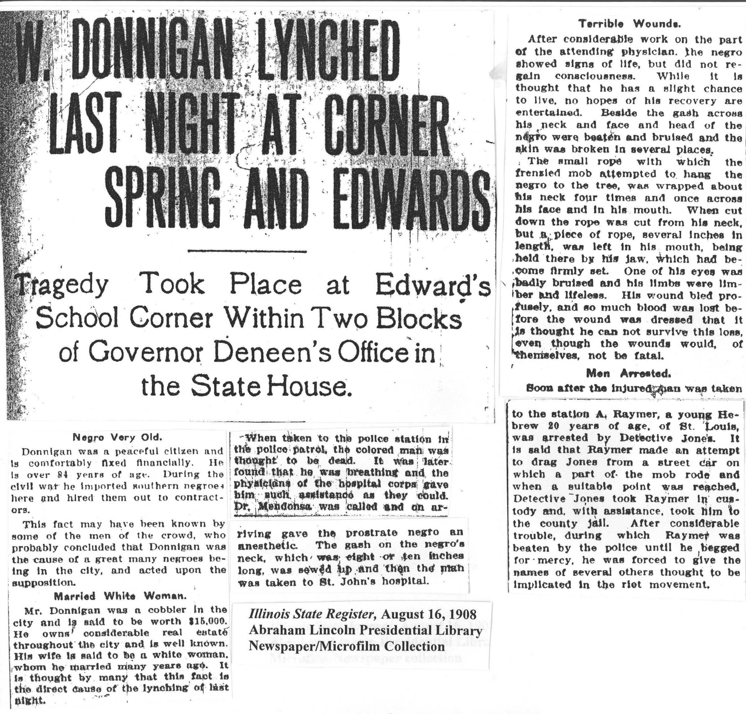 Newspaper article "W. DONNIGAN LYNCHED / LAST NIGHT AT CORNER / SPRING AND EDWARDS"