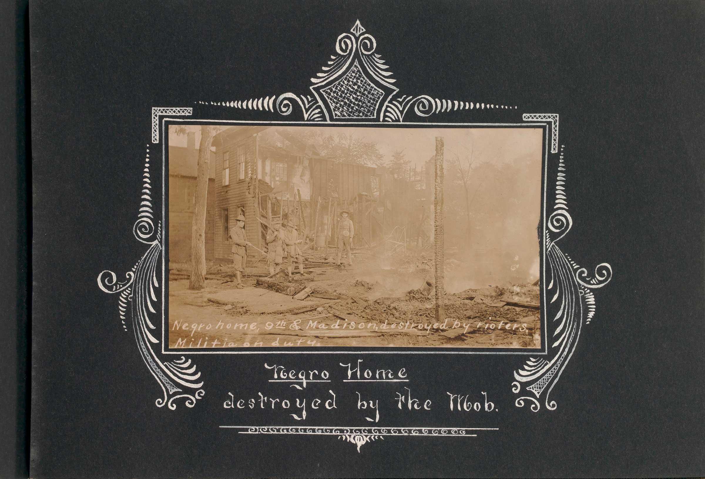 A sepia-toned photo of Springfield Illinois race riot aftermath with hand-drawn captions.