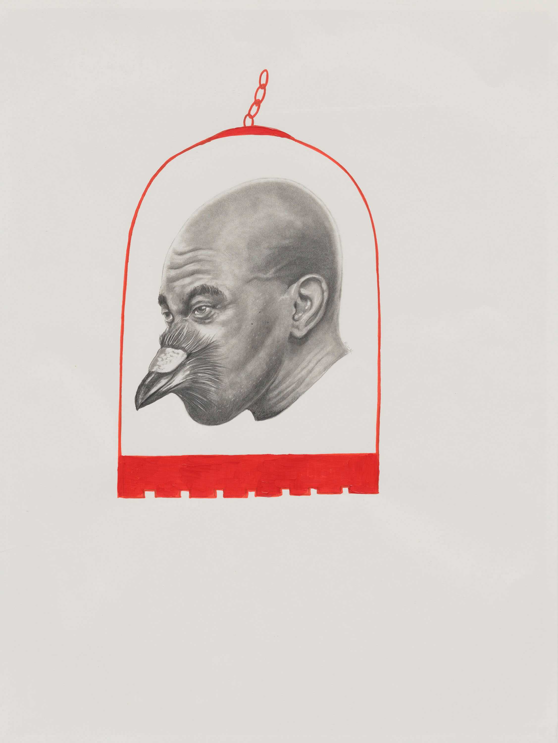 A mixed media portrait of a man with a pigeon beak and feathers replacing his mouth and nose. He is bald, with feathers starting just below his eyes and along his cheeks and large bird beak.