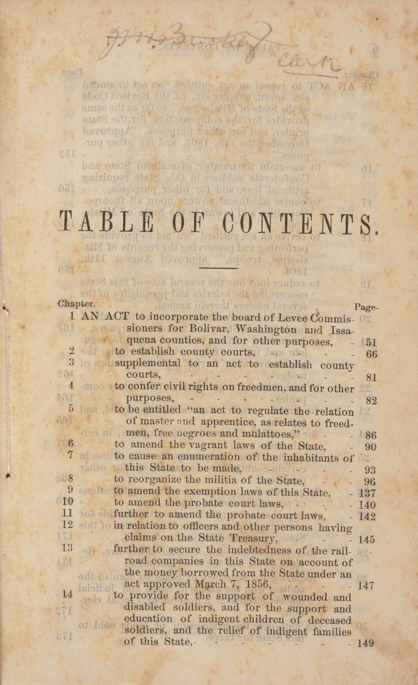 Printed black ink text on off-white paper. The text is a Table of Contents for the Laws of the State of Mississippi.