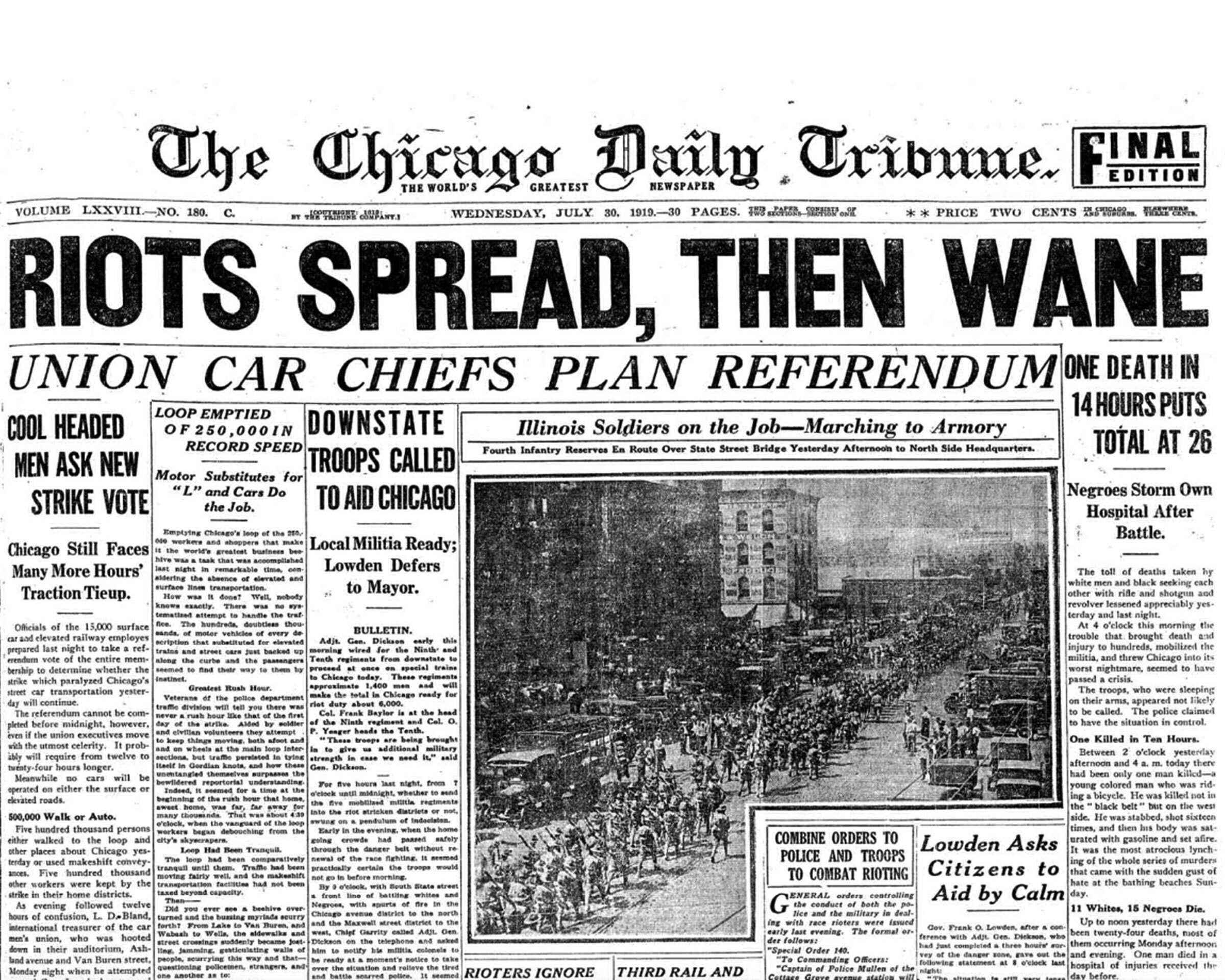 Front page of the Chicago Daily Tribune from July 30, 1919.  Headlines read "Riots Spreads, Then Wane"