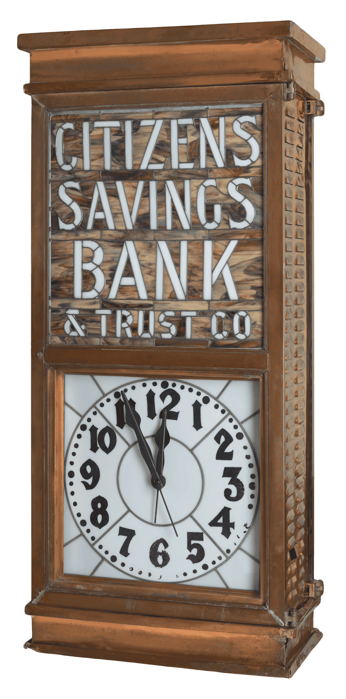 A large rectangular clock with a stained glass sign reading "CITIZENS / SAVINGS / BANK / & TRUST CO."