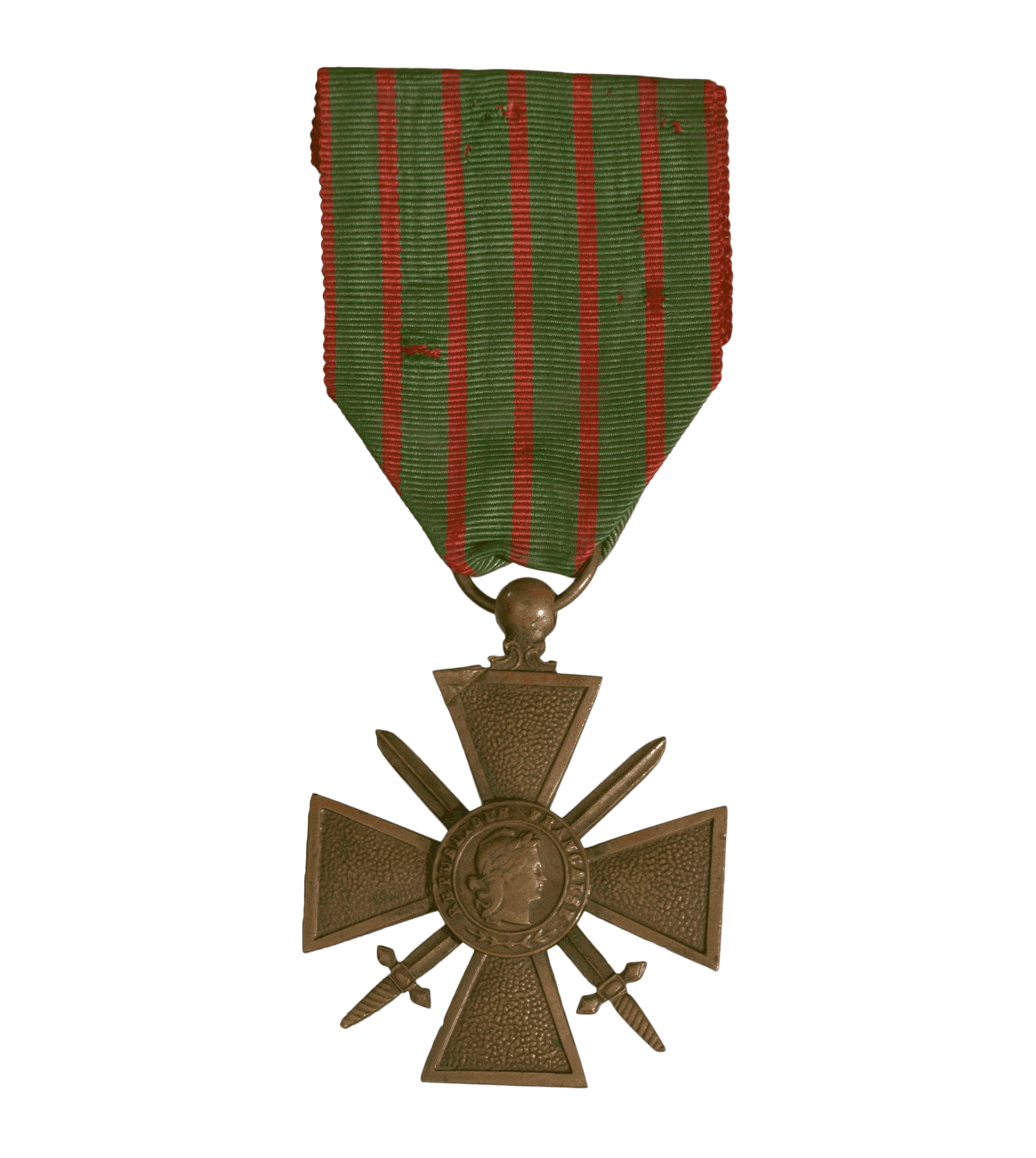 "A World War I Croix de Guerre medal with bronze cross patée, featuring crossed swords and a green ribbon with red stripes.       "