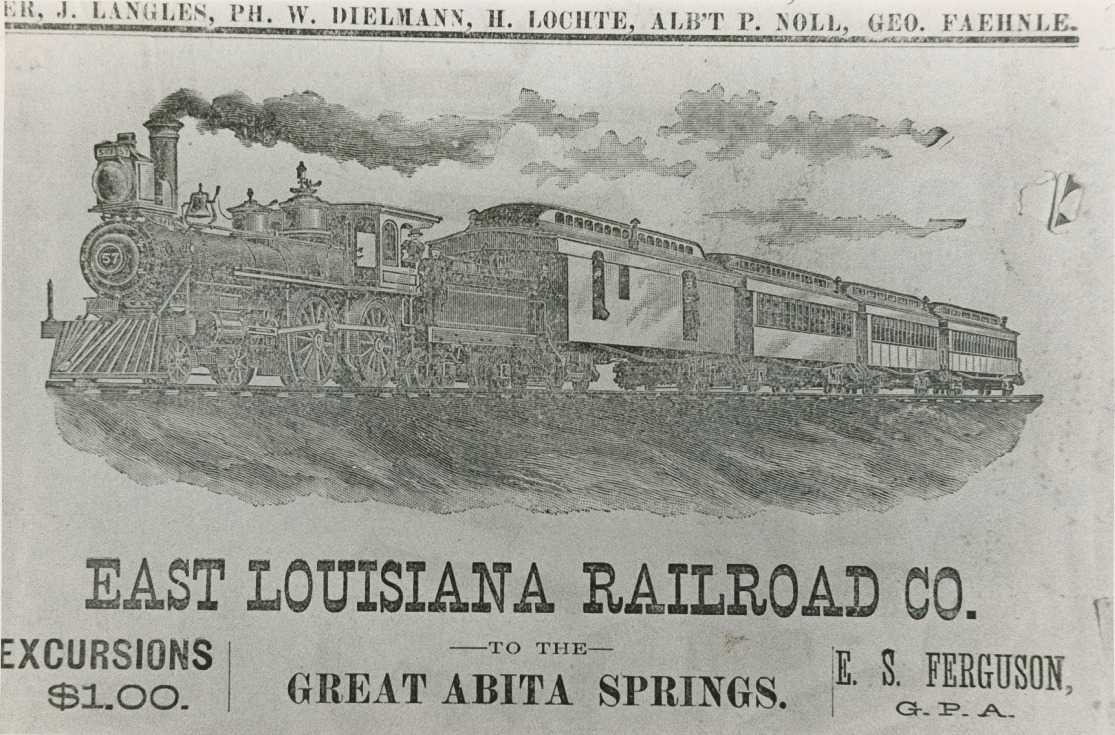 Newspaper advertisement for East Louisiana Railroad Co. to the Great Abita Springs.