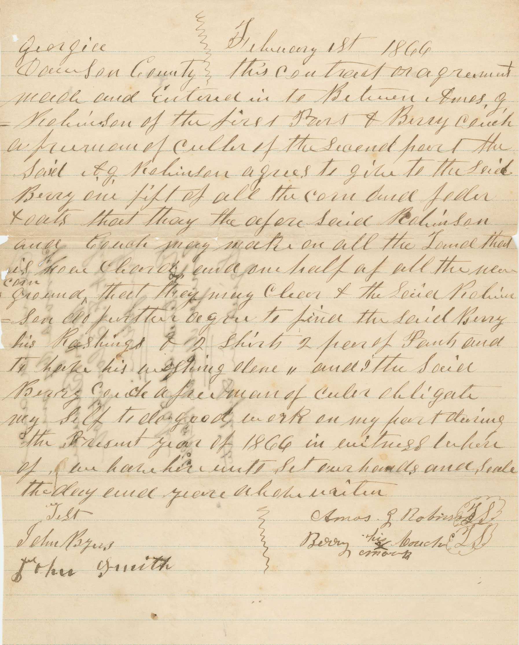 A handwritten document on lined, off-white paper outlining a sharecropping agreement dated February 1, 1866.