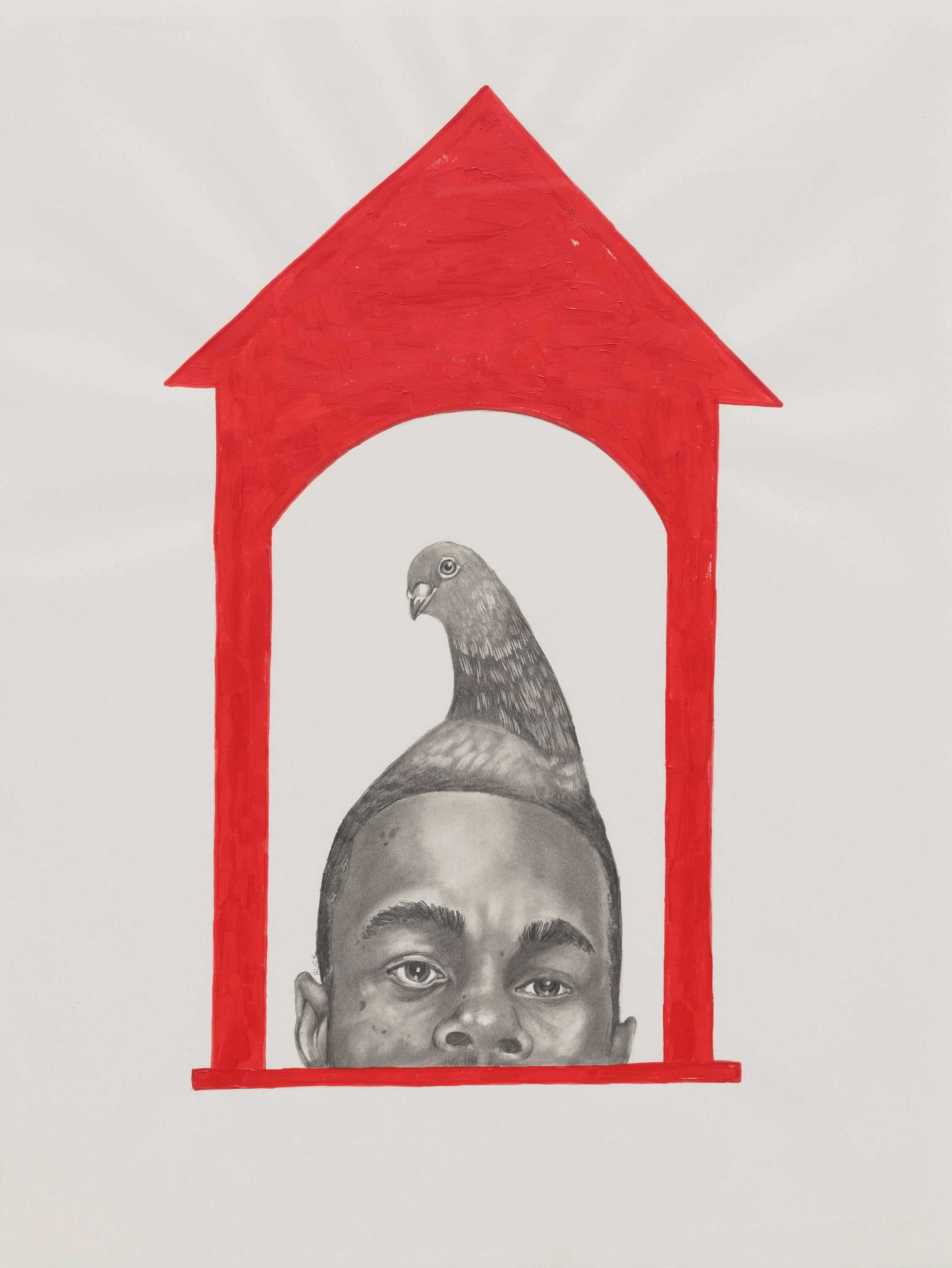 A mixed media portrait of a man with a pigeon emerging from his head, framed within a red birdcage-shaped frame. The man’s face is shown from the nose up.