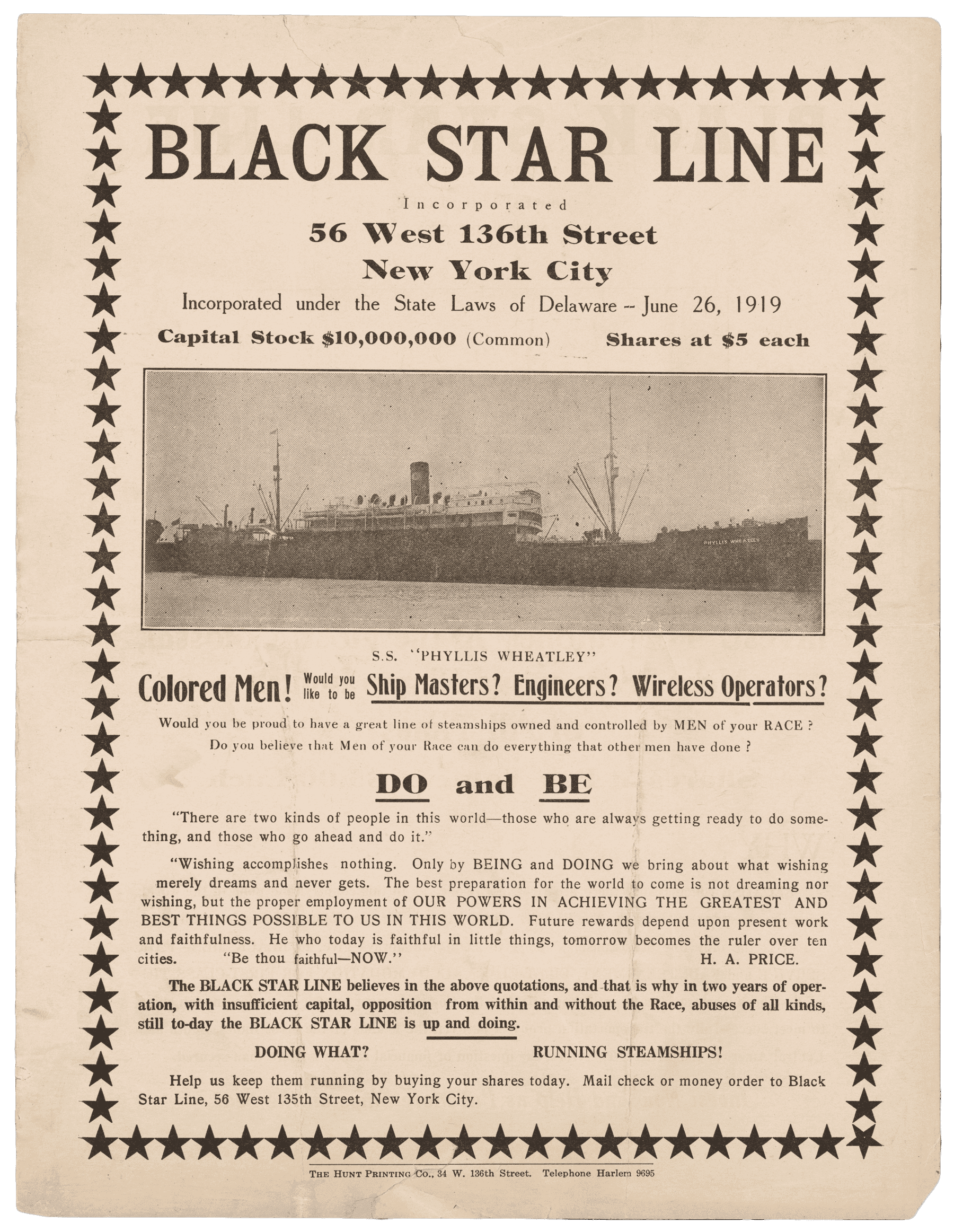 A flyer of the Black Star Line with a photo of the the ship in the center.