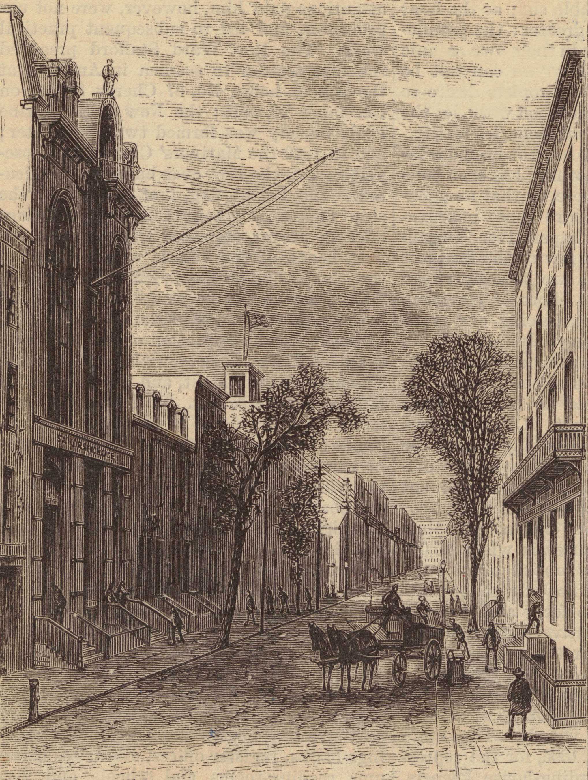 A lithograph view of Cherry street. A group of seemen meet in front of the buildings.