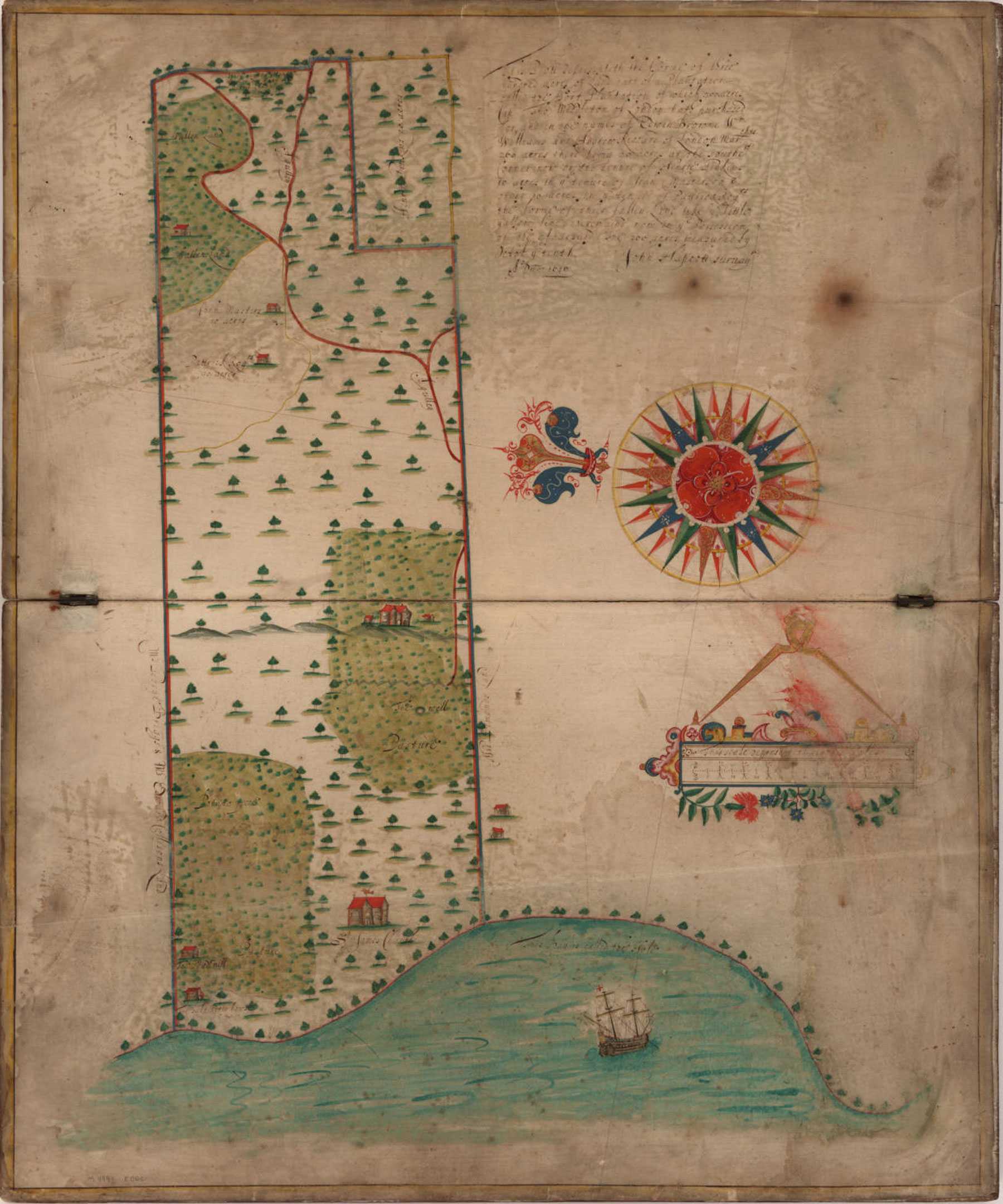 A plan for an estate of 300 acres on worn parchment paper. Buildings and trees are marked on the plan.