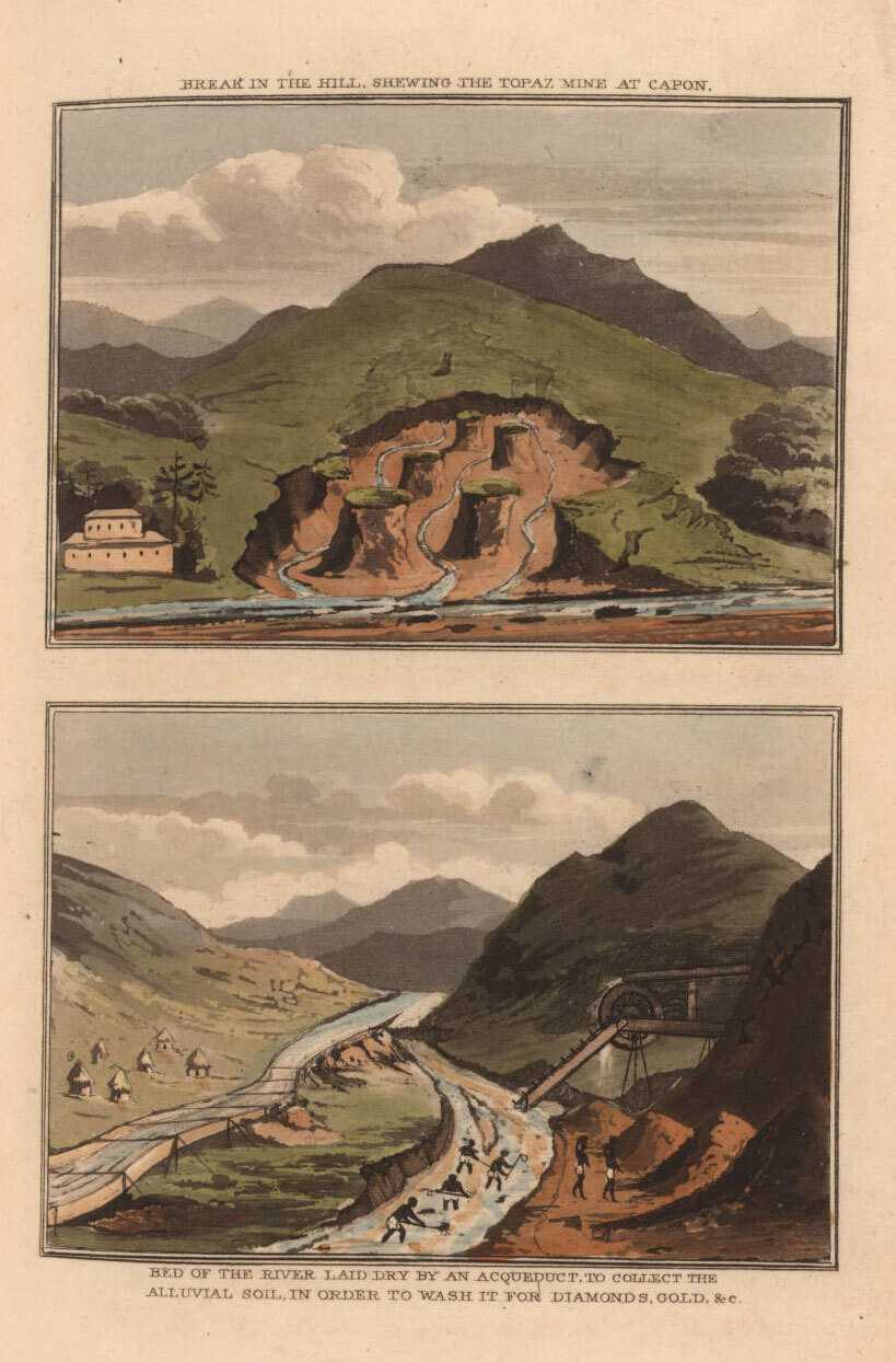 2 colored illustration of topaz mine. The top picture is mine carved into the hill, while the bottom is the river running near the mine.