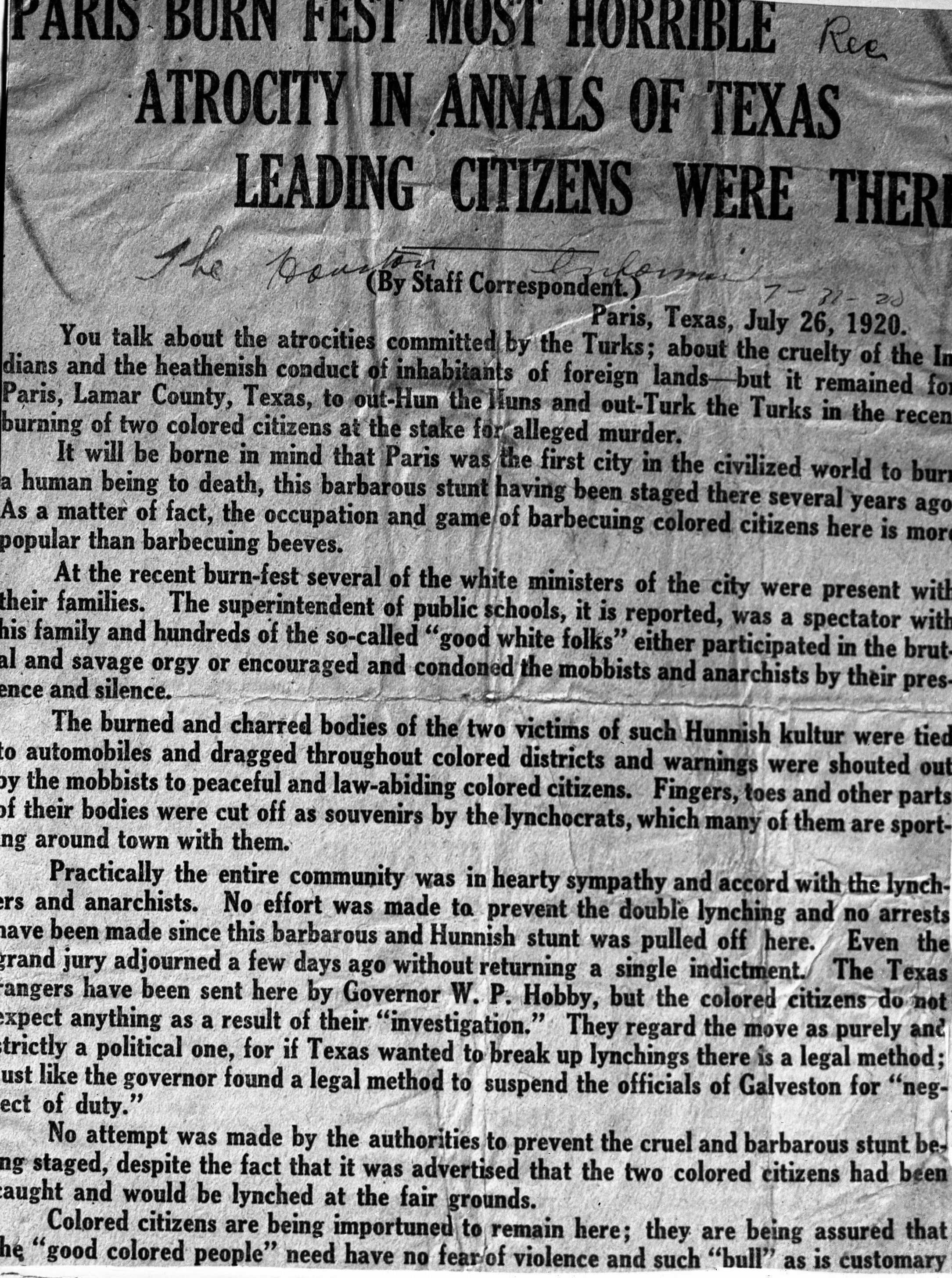 Newspaper clipping dated July 26, 1920, titled 'Paris Burn Fest Most Horrible Atrocity in Annals of Texas.' The article reports on the lynching of two African American citizens in Paris, Texas, describing the event as barbaric and condemning the participation of local officials and citizens.