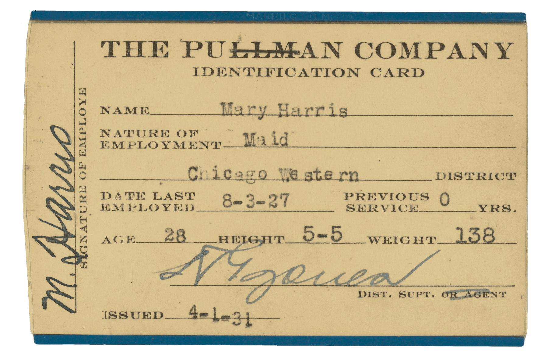 A laminated Pullman Company identification card used by Mary Harris. Harris’s signature is written vertically on the left side.