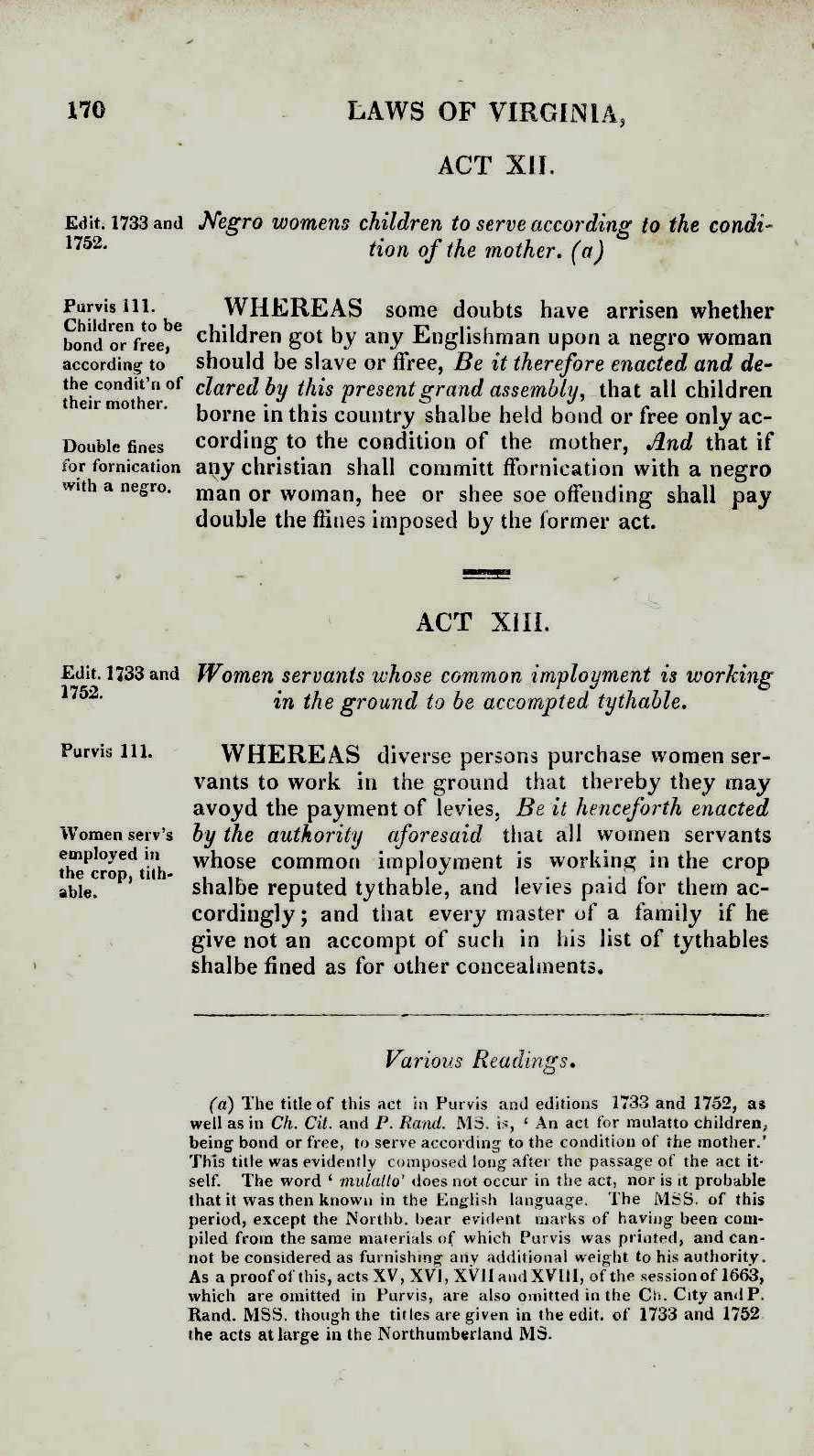 Page 170 of the Laws of Virginia Act XII typed on the whole page capturing the first session of the legislature.