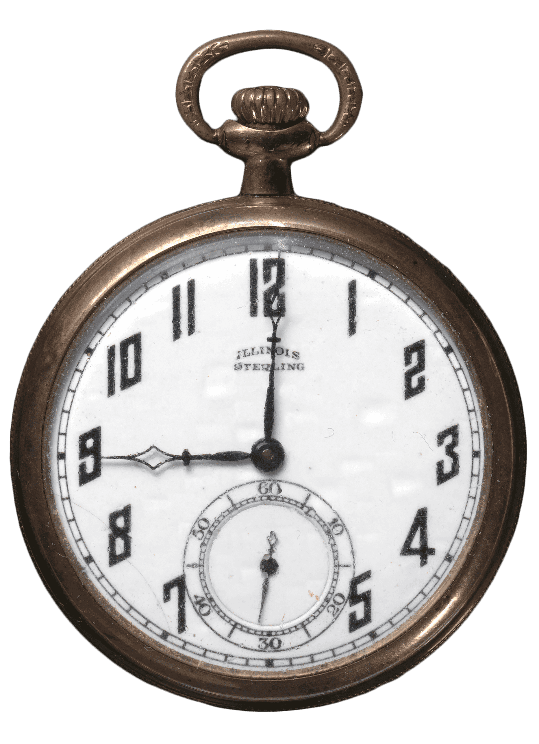 Pocket watch by Illinois Watch Company, Sterling model, with a white face, black numerals, brass casing, and a second hand dial at the bottom.