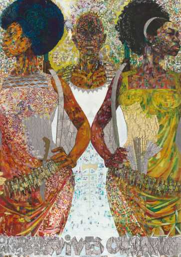 A mixed media artwork of 3 women wearing are weaponry including knives and ammunition belts.