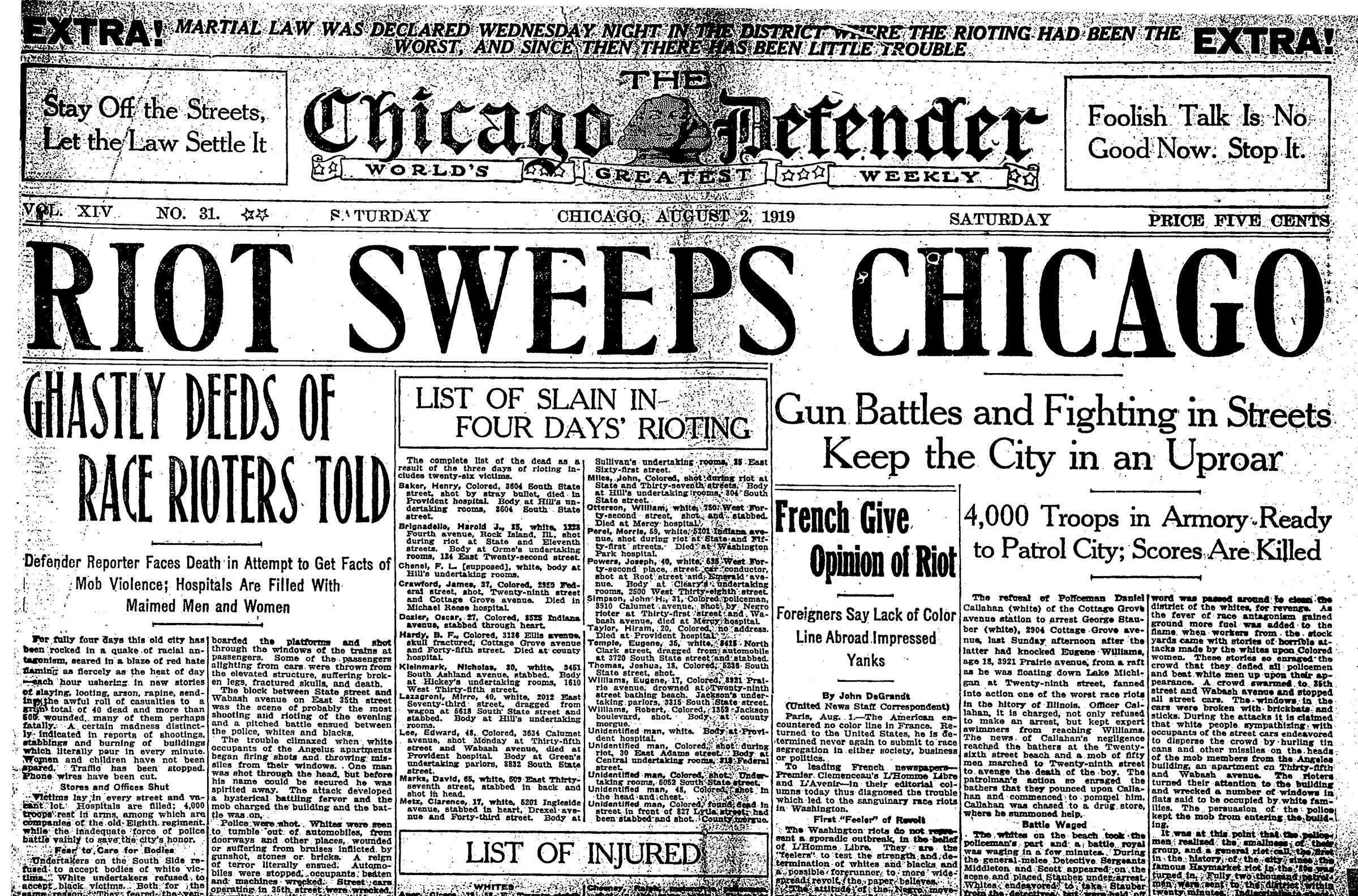 Front page of the "Chicago Defender"  from August 2, 1919.  The headlines read "RIOT SWEEPS CHICAGO."