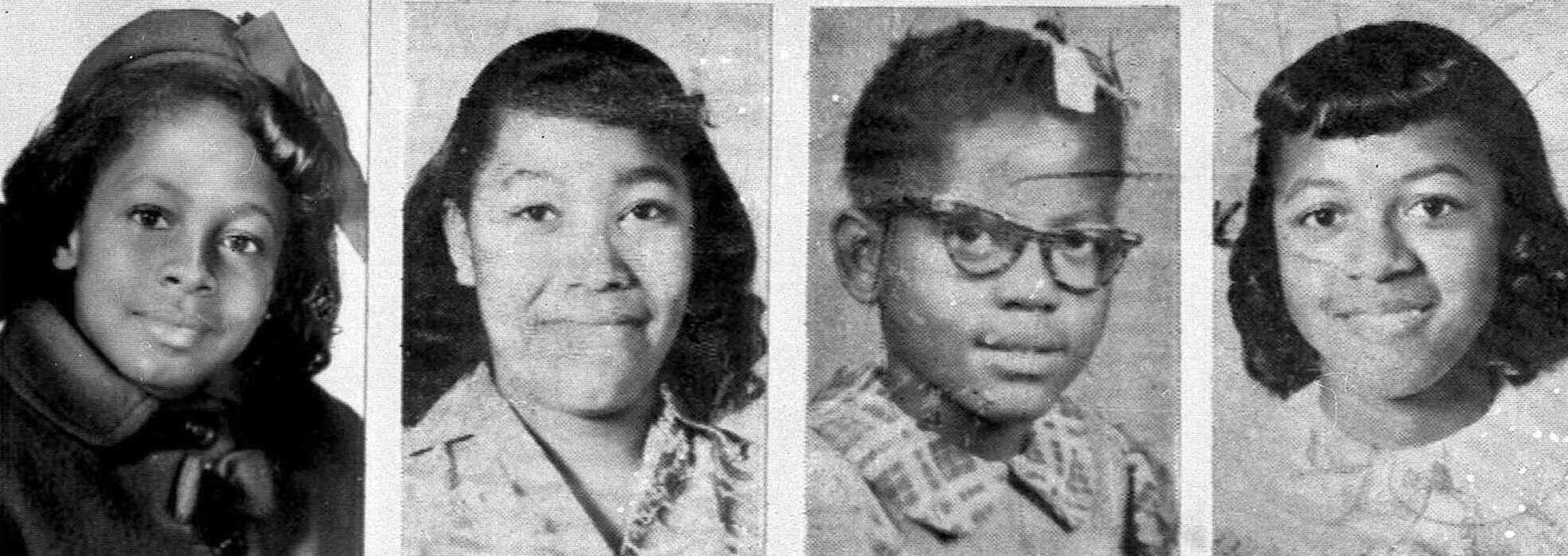 Black and white school photographs of the 4 young girls killed in the  Sixteenth Street Baptist Church bombing.