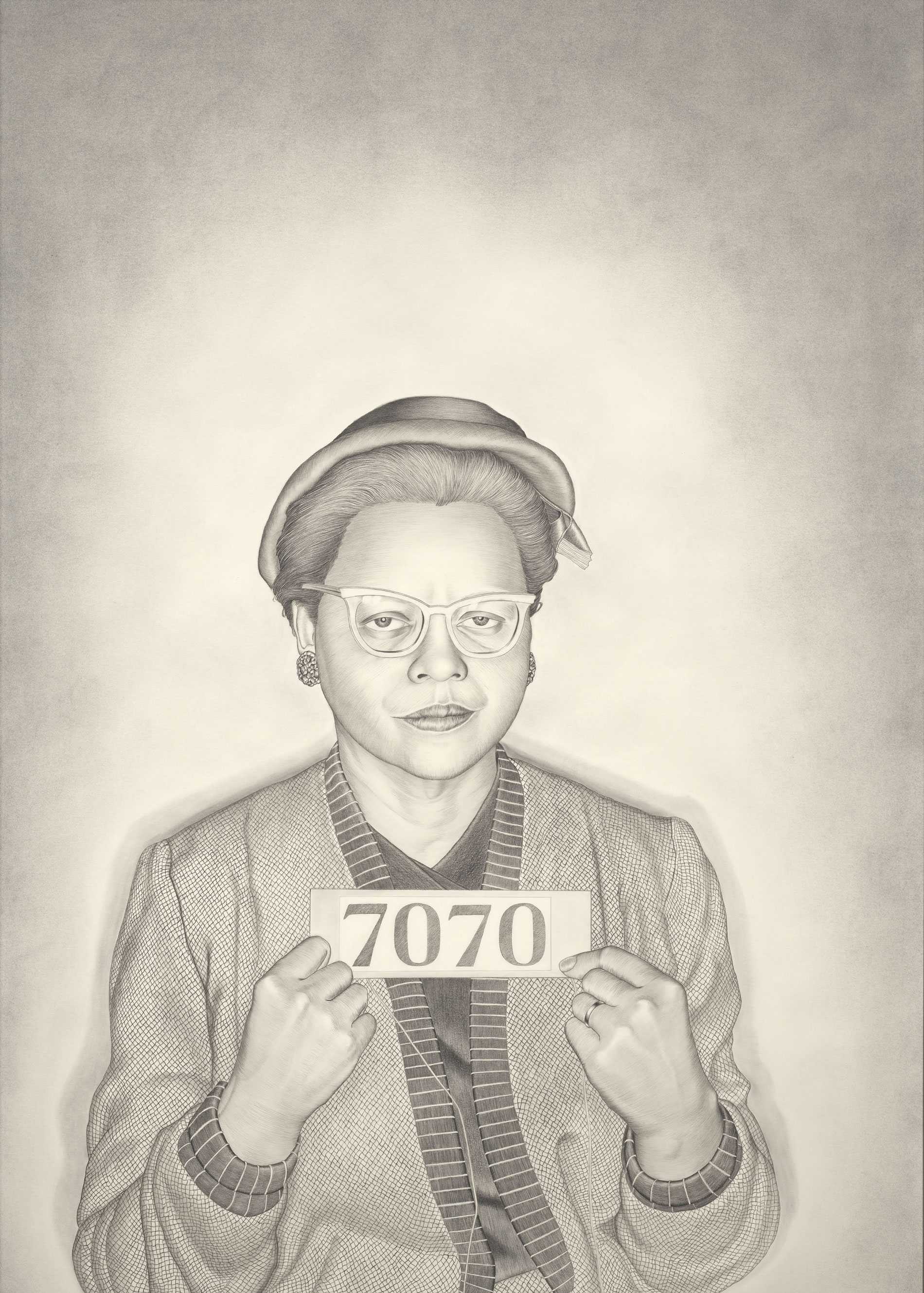 A Conté crayon and graphite portrait of Euretta F. Adair based on her 1956 Montgomery Bus Boycott mug shot.