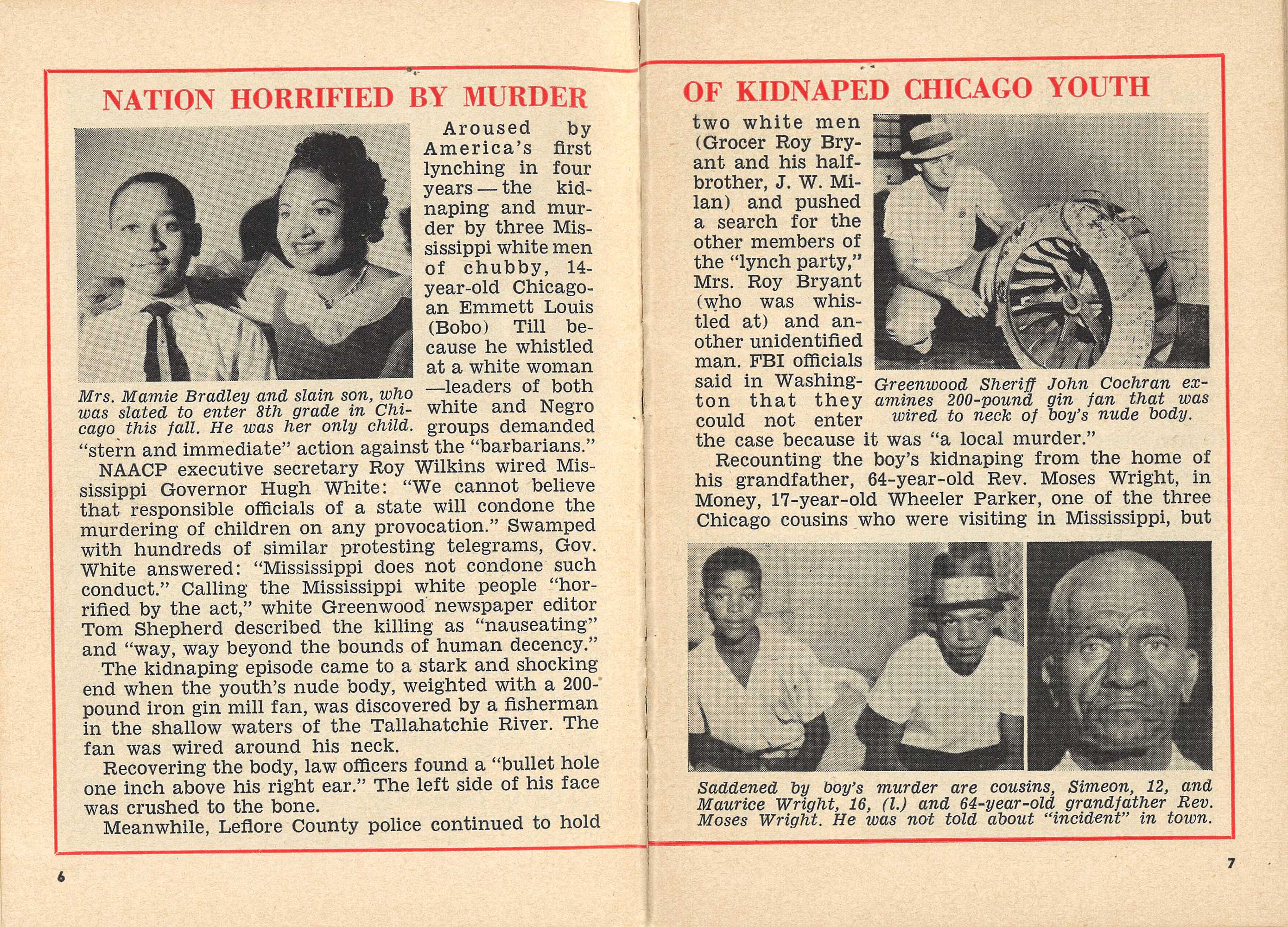 A page spread with an article about Emmett Till's murder and kidnapping. It includes pictures of Emmett and his family.