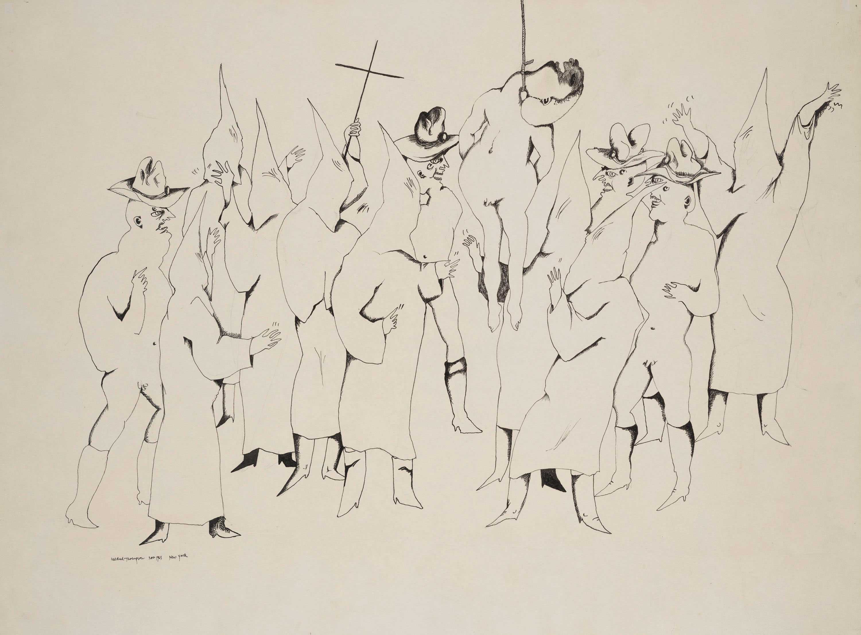 A pen and ink drawing of male figures lynching a nude female figure. The female figure is hanging by the neck from a noose.