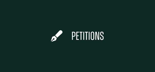 Green background with the title 'Petitions' and a fountain pen icon