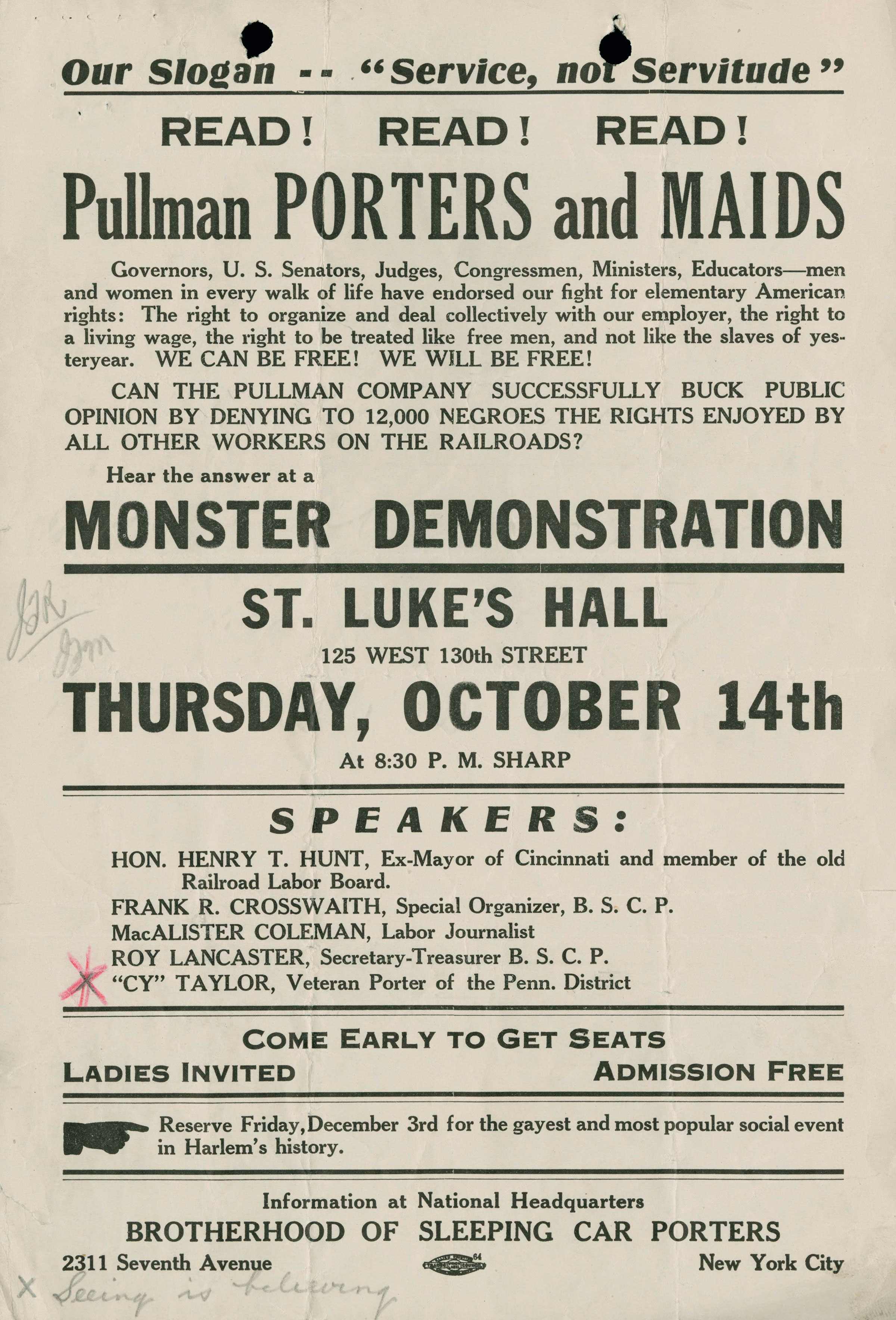 A slightly yellowed Pullman Porter rally poster about the rally for equal pay and treatment. It includes seventh details.