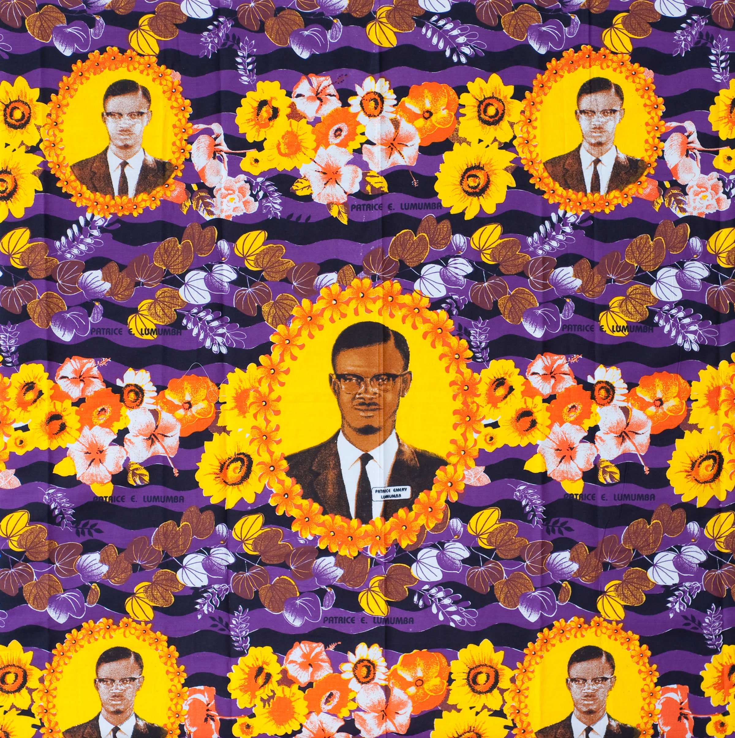 A purple striped patterned fabric. At the center, a yellowed foral frame surround a portrait of Patrice Lumumba.