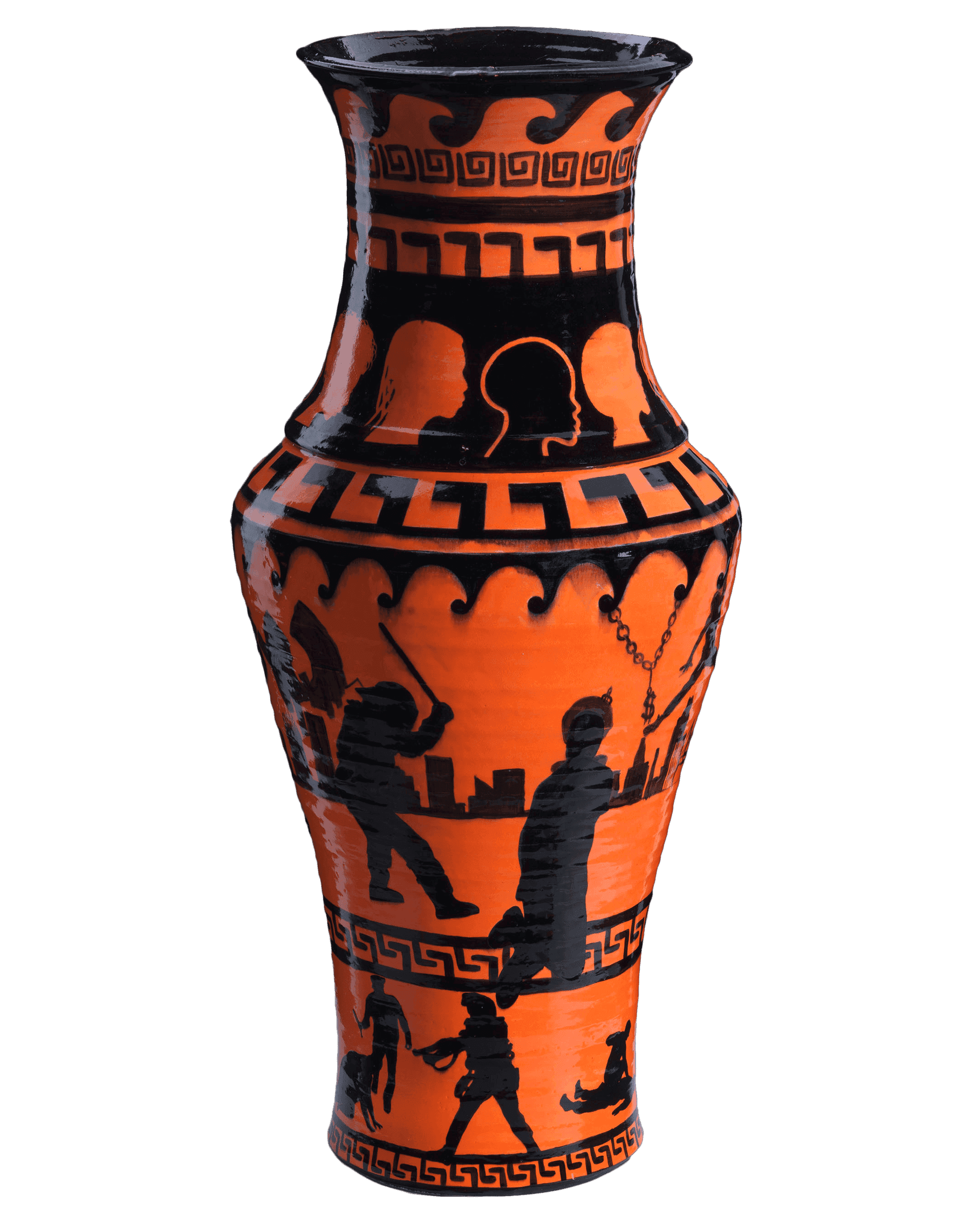 A black and orange ceramic krater inspired by ancient Greece. 3 different bands have scenes with interactions with police.