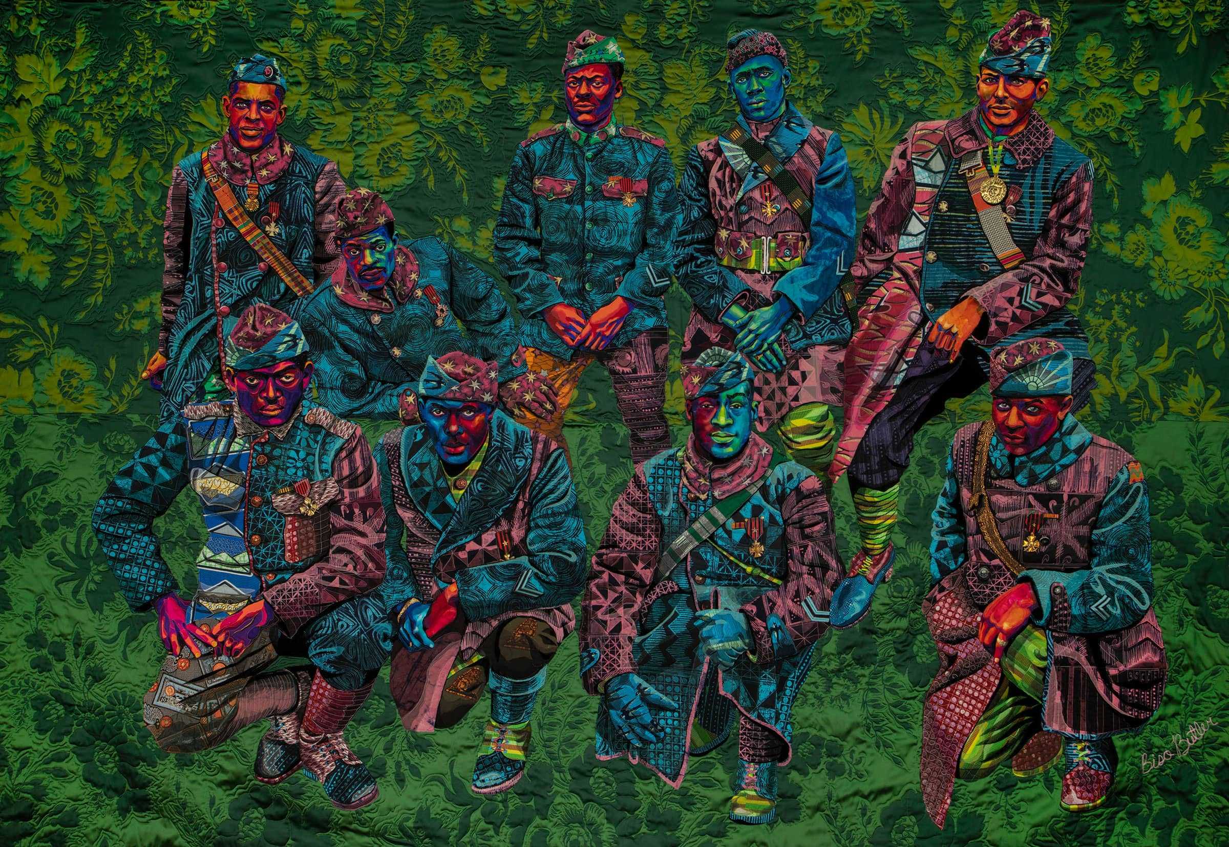 Quilt showing members of the 369th Infantry Regiment known as the Harlem Hellfighters, a segregated unit of the American Expeditionary Force in World War I. Drawing from the wellsprings of African American quilting traditions and the Kool-Aid colors of the Black Power art movement, Butler pieced together layers of dazzling textiles to connect this present moment to the past.