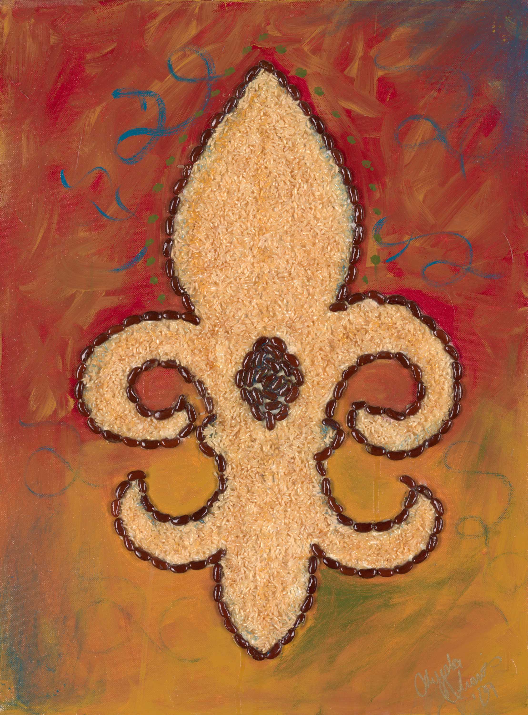 Painting of a fleur-de-lis made of red beans and rice. The fleur-de-lis is featured in the center, on a multi-colored background. The fleur-de-lis is bordered in red beans with rice filling the inside.