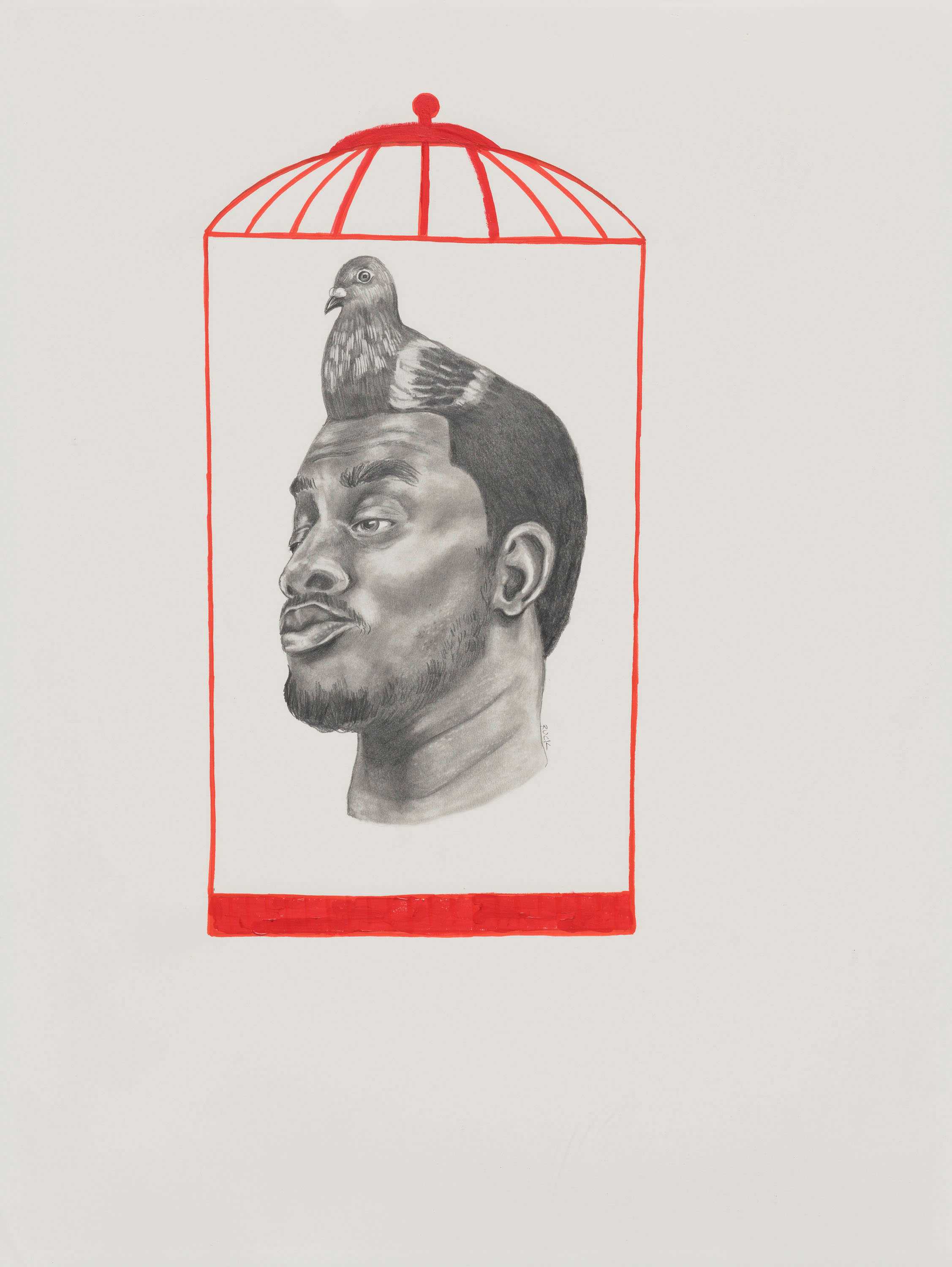 A mixed media portrait depicts a man with a pigeon emerging from his head, framed in a red birdcage.