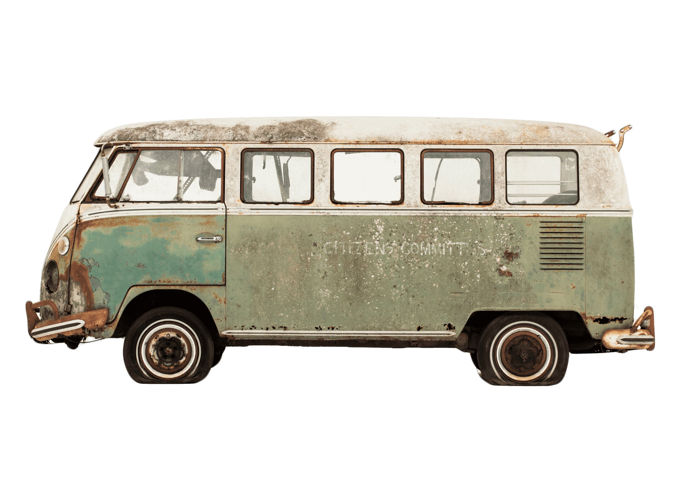 The Jenkins' 1966 Volkswagen Bus is worn and rusted. The title Citizen Committee is almost completely faded. The tires are flat.