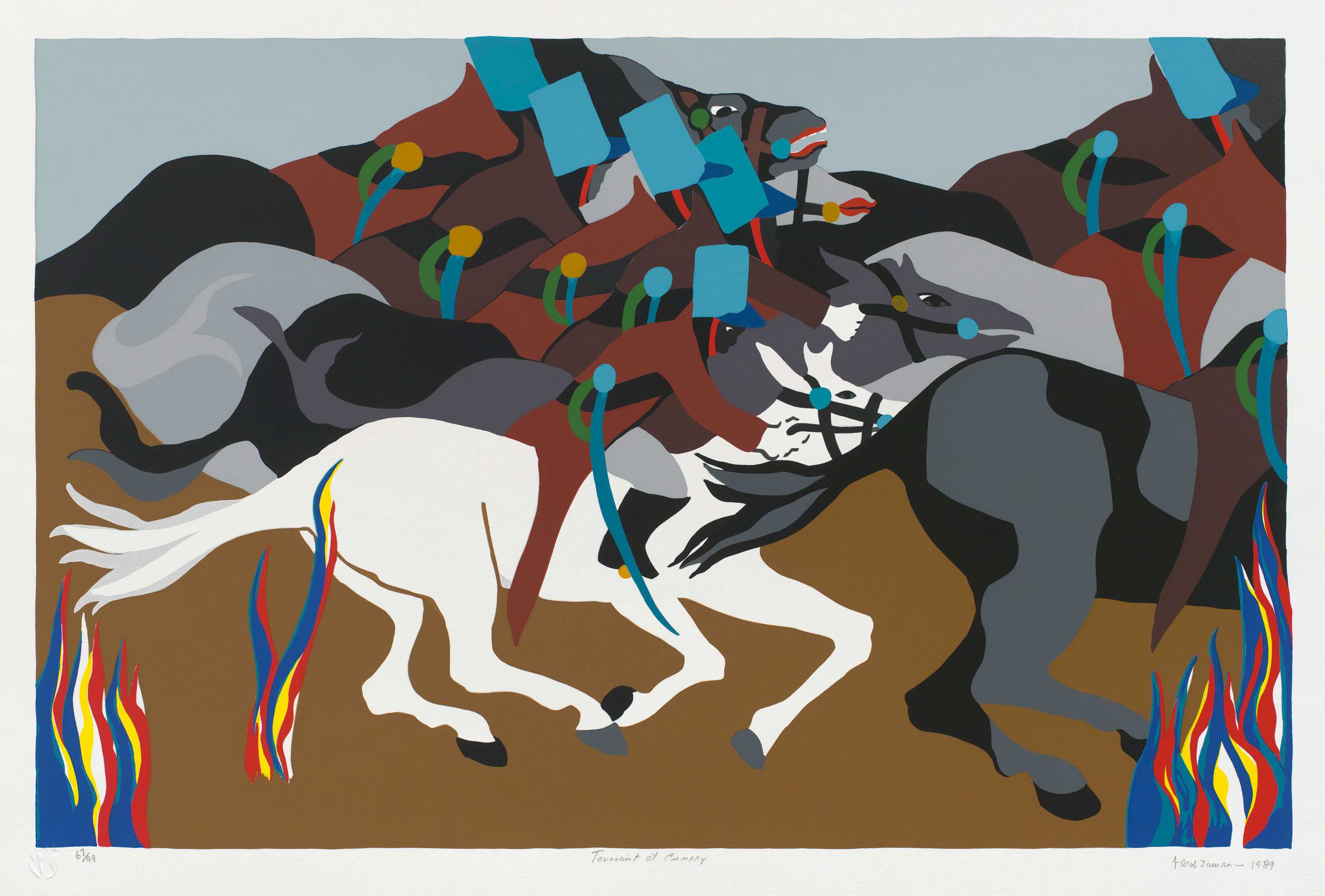 Silkscreen print of soldiers on horseback in brown coats and tall blue hats, galloping through colorful flames.