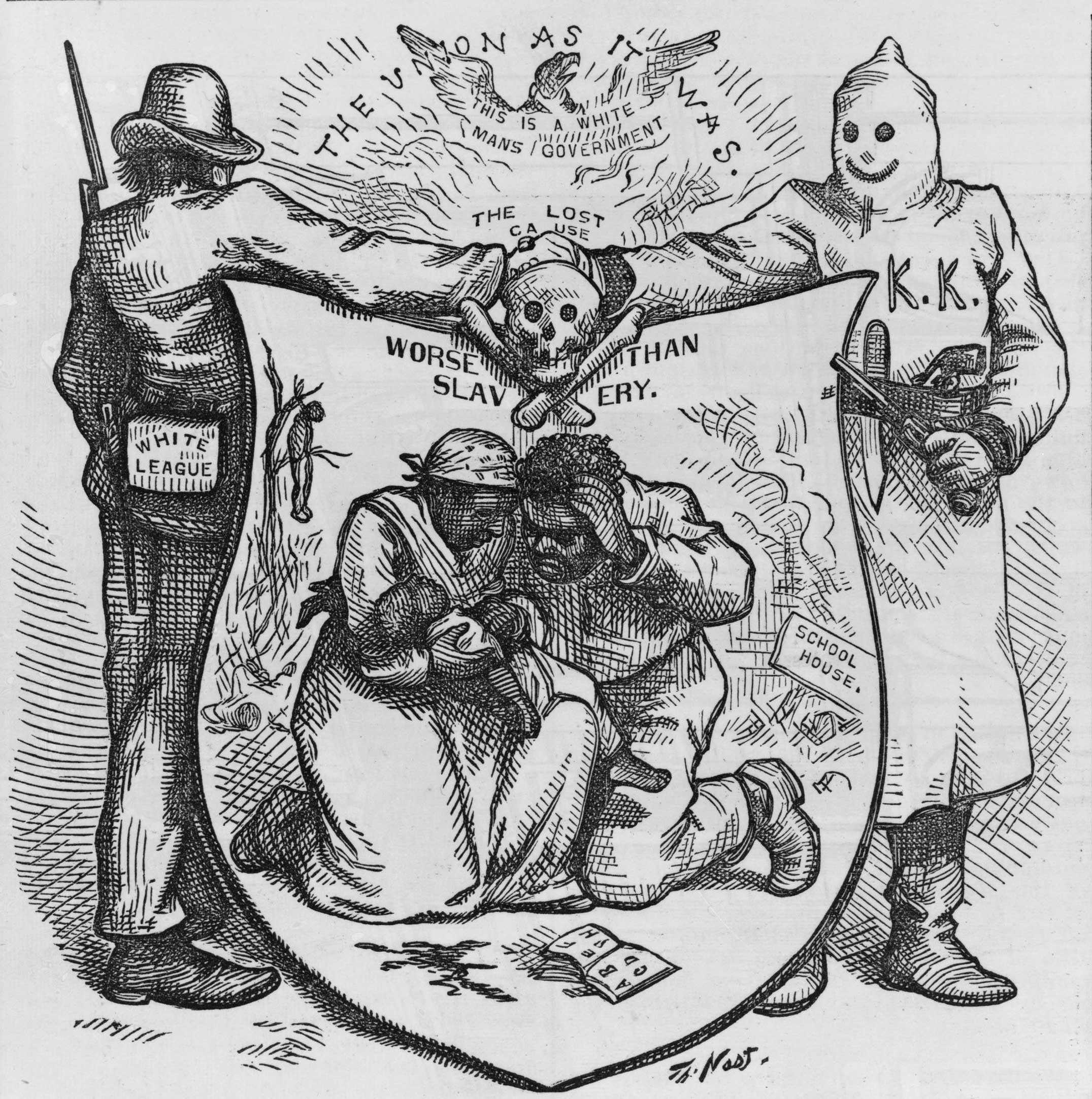 An illustration of a KKK member and White League member holding hands above a crest with a black family holding each other closely.