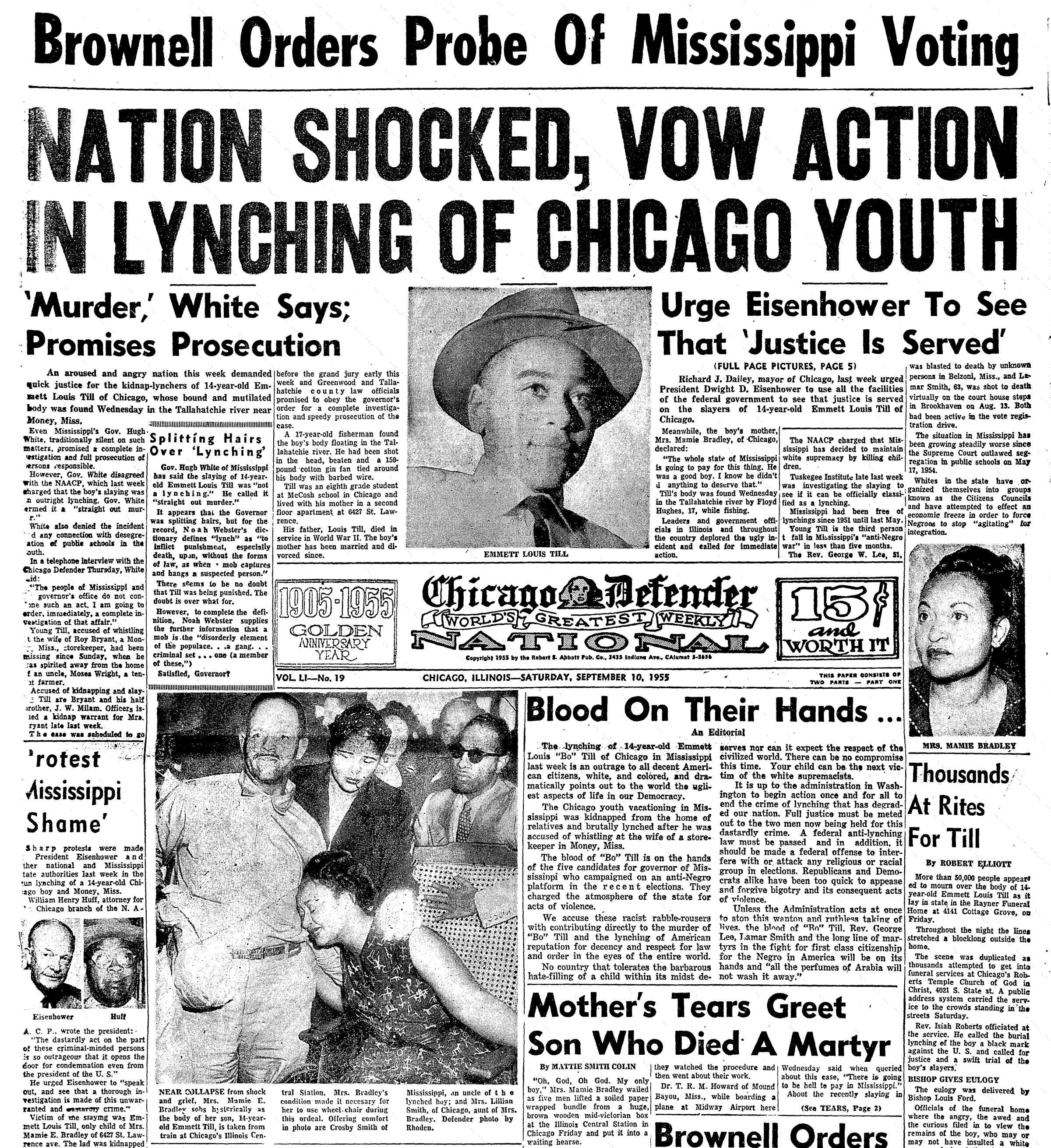 A page of the Chicago Defender that has many headlines about Emmett Till death and prosecution case. It includes photos of Emmett and Mamie Till.