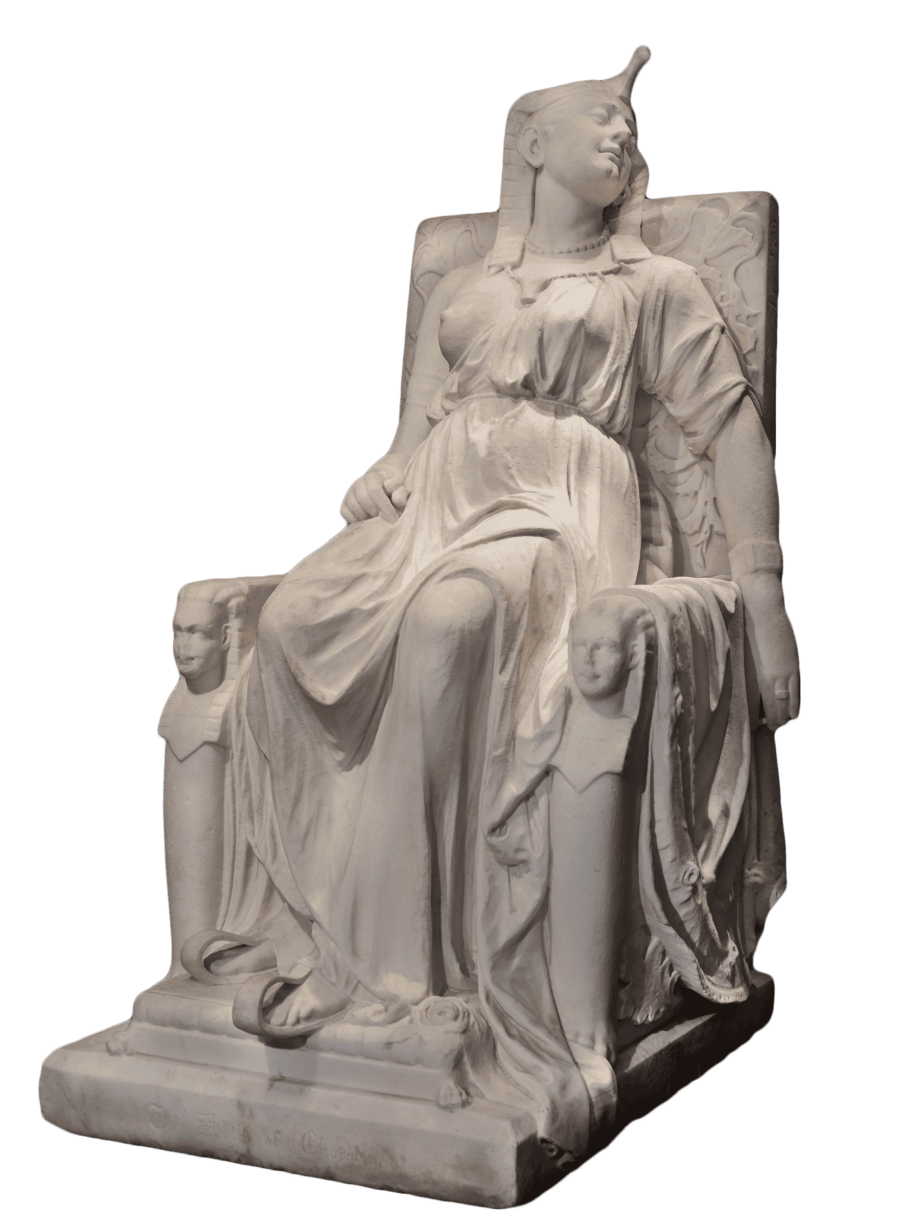 A carved marble sculpture of Cleopatra sitting lifeless on a throne.