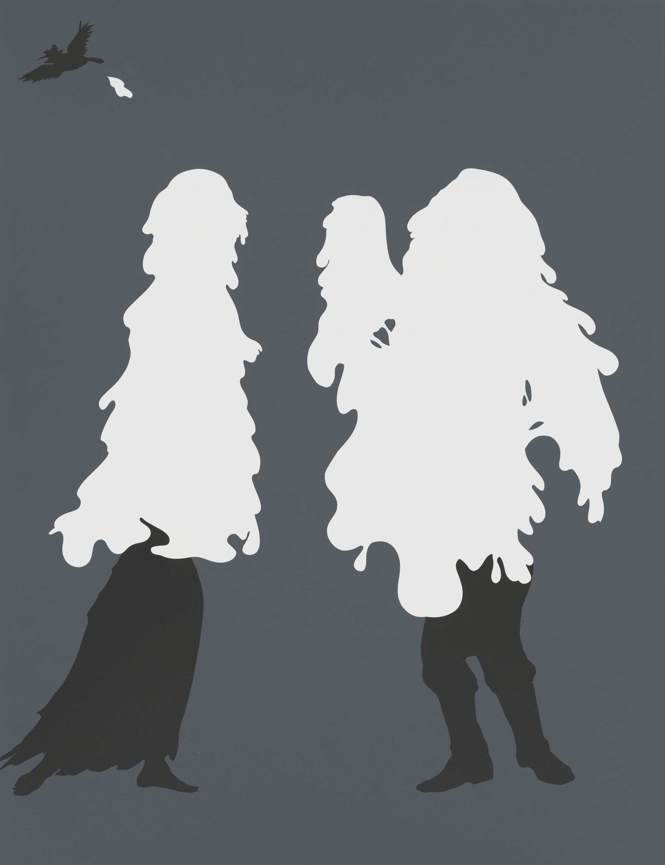 A color screen print shows a male and female figure, partially covered by a white blob released by a bird in silhouette against a dark blue background.