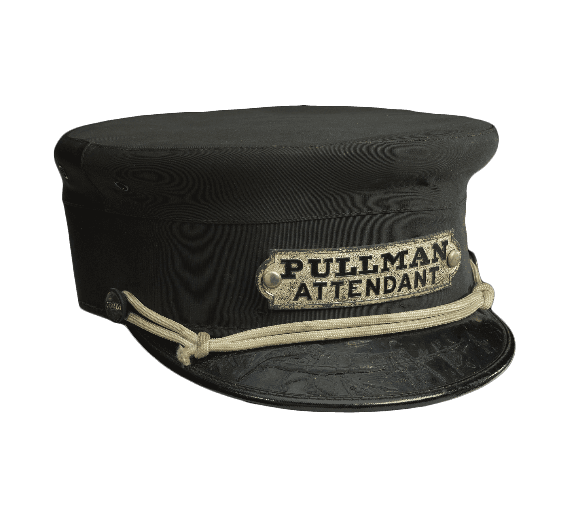 Uniform cap worn by Pullman railway attendants, with a scratched leather brim, cream-colored cord, and silver "Pullman" buttons.