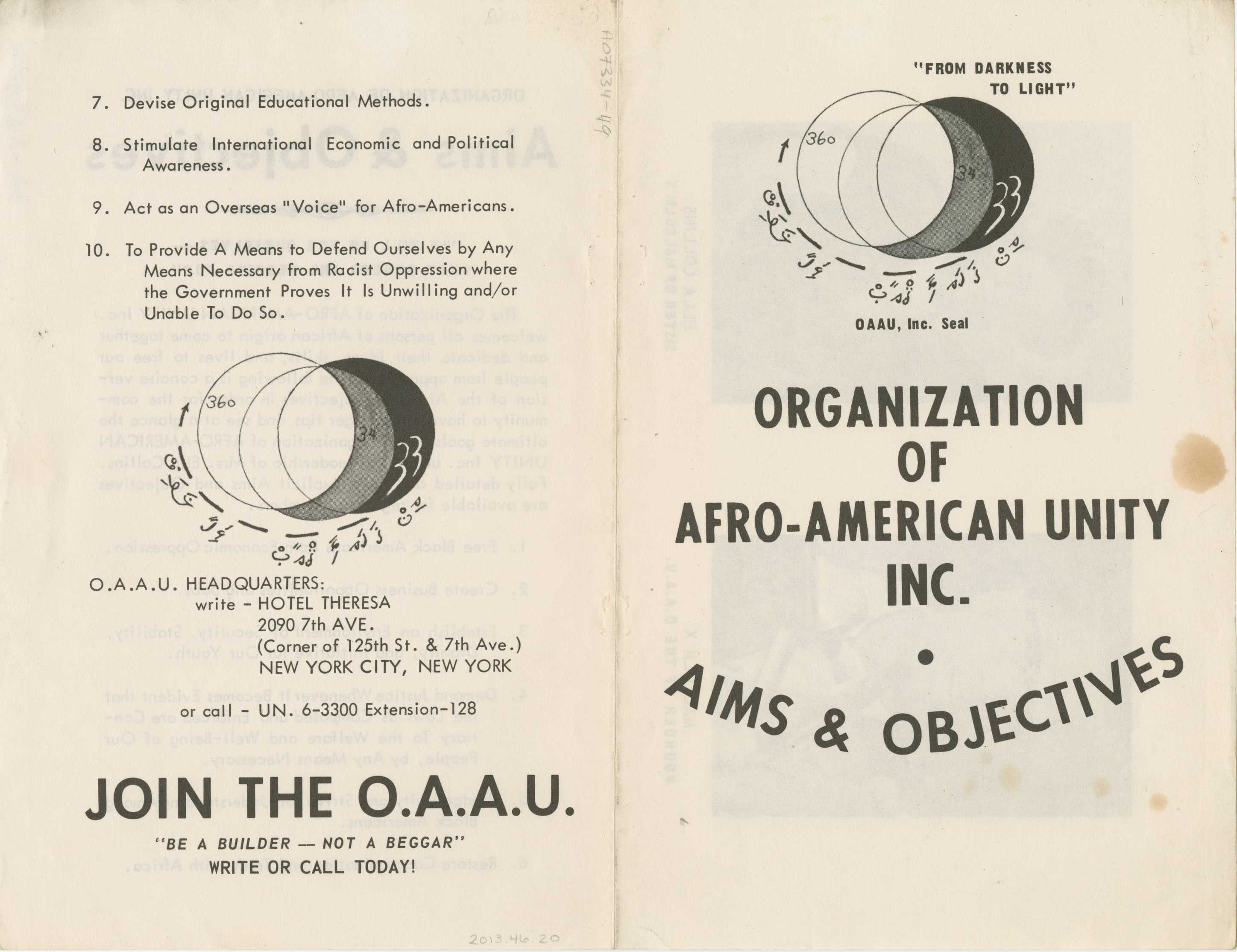 The front and back of a leaflet about the Organization of Afro-American Unity Inc. aims and objectives.