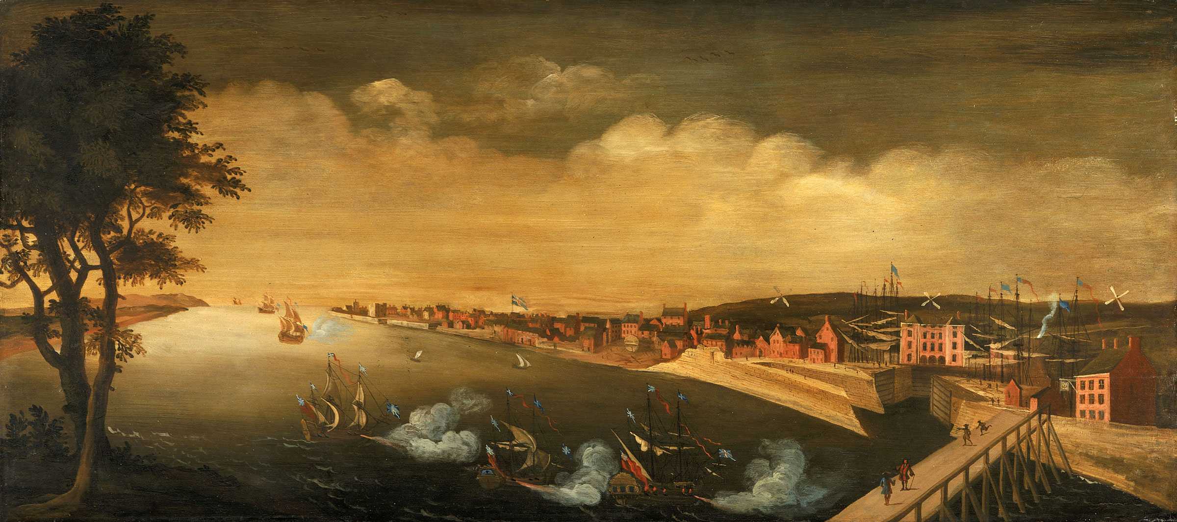 An oil painting of the view of Port of Liverpool. The sky is golden oven the water.