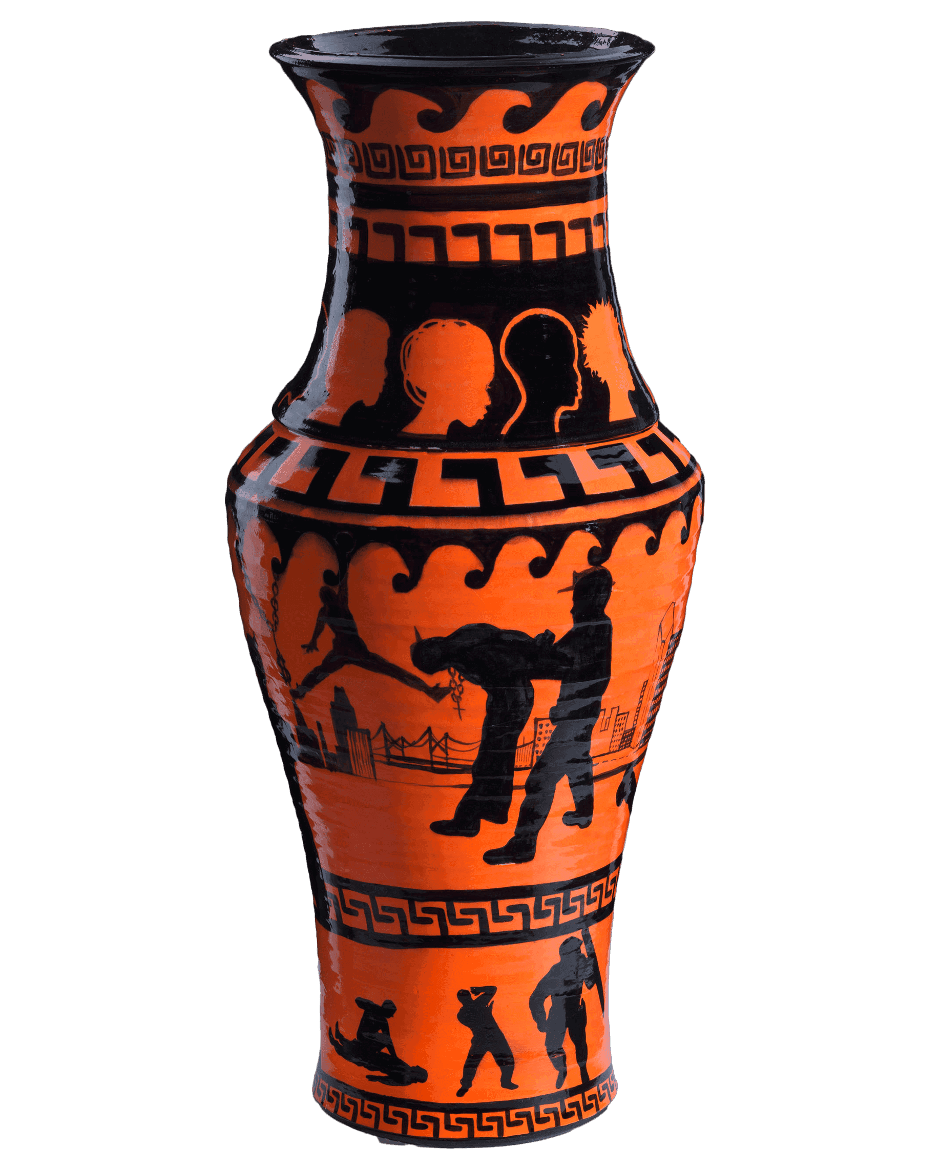 A black and orange ceramic krater inspired by ancient Greece. 3 different bands have scenes with interactions with police.